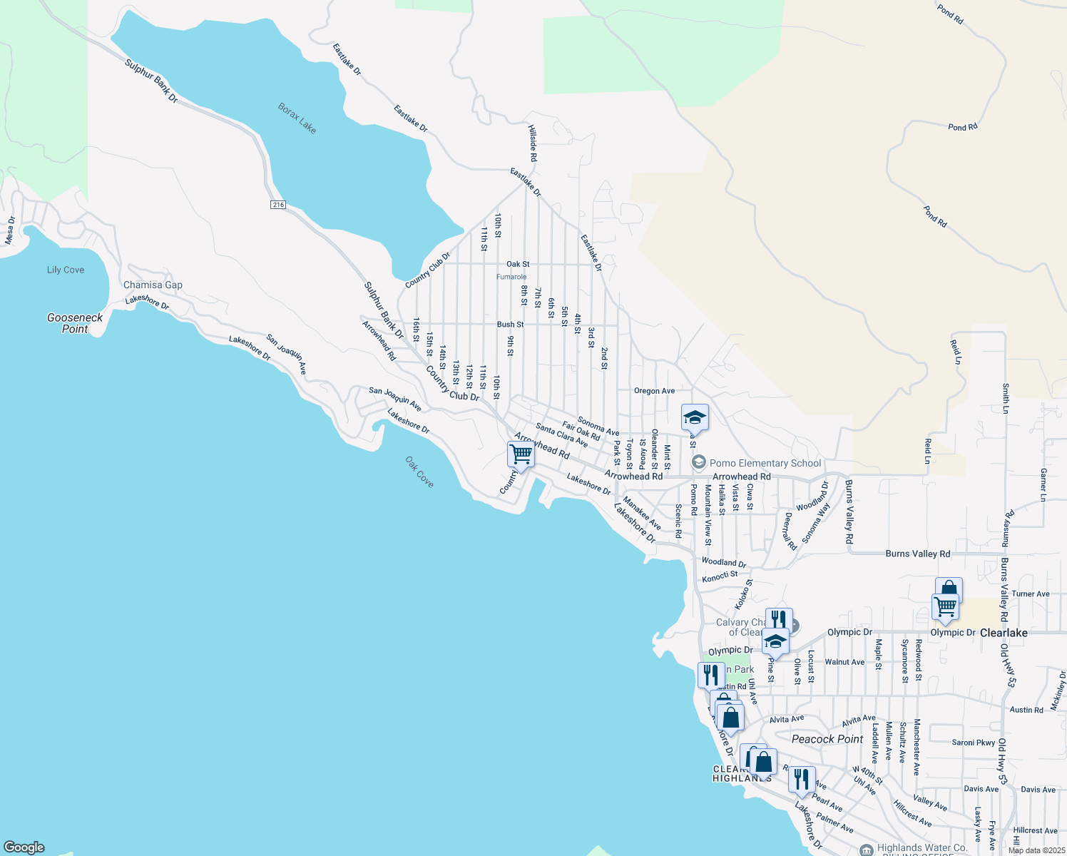 map of restaurants, bars, coffee shops, grocery stores, and more near 13479 Santa Clara Ave in Clearlake