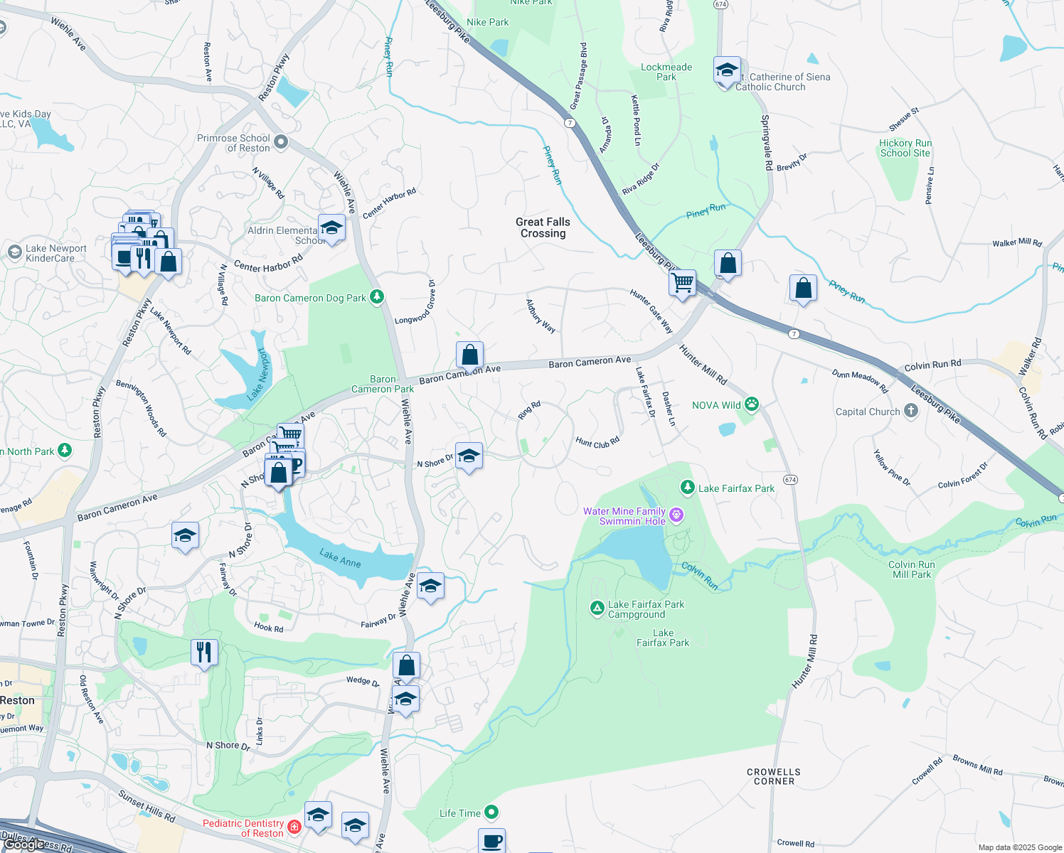 map of restaurants, bars, coffee shops, grocery stores, and more near 1330 Deep Run Lane in Reston