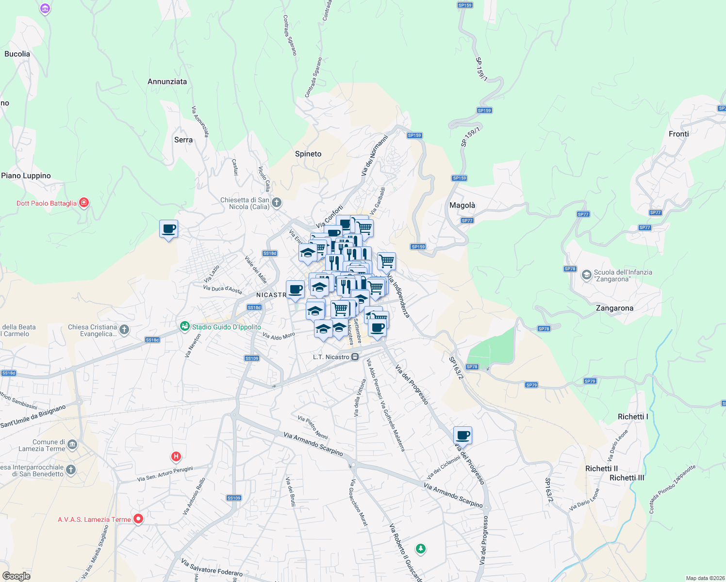map of restaurants, bars, coffee shops, grocery stores, and more near Viale I Maggio in Lamezia Terme
