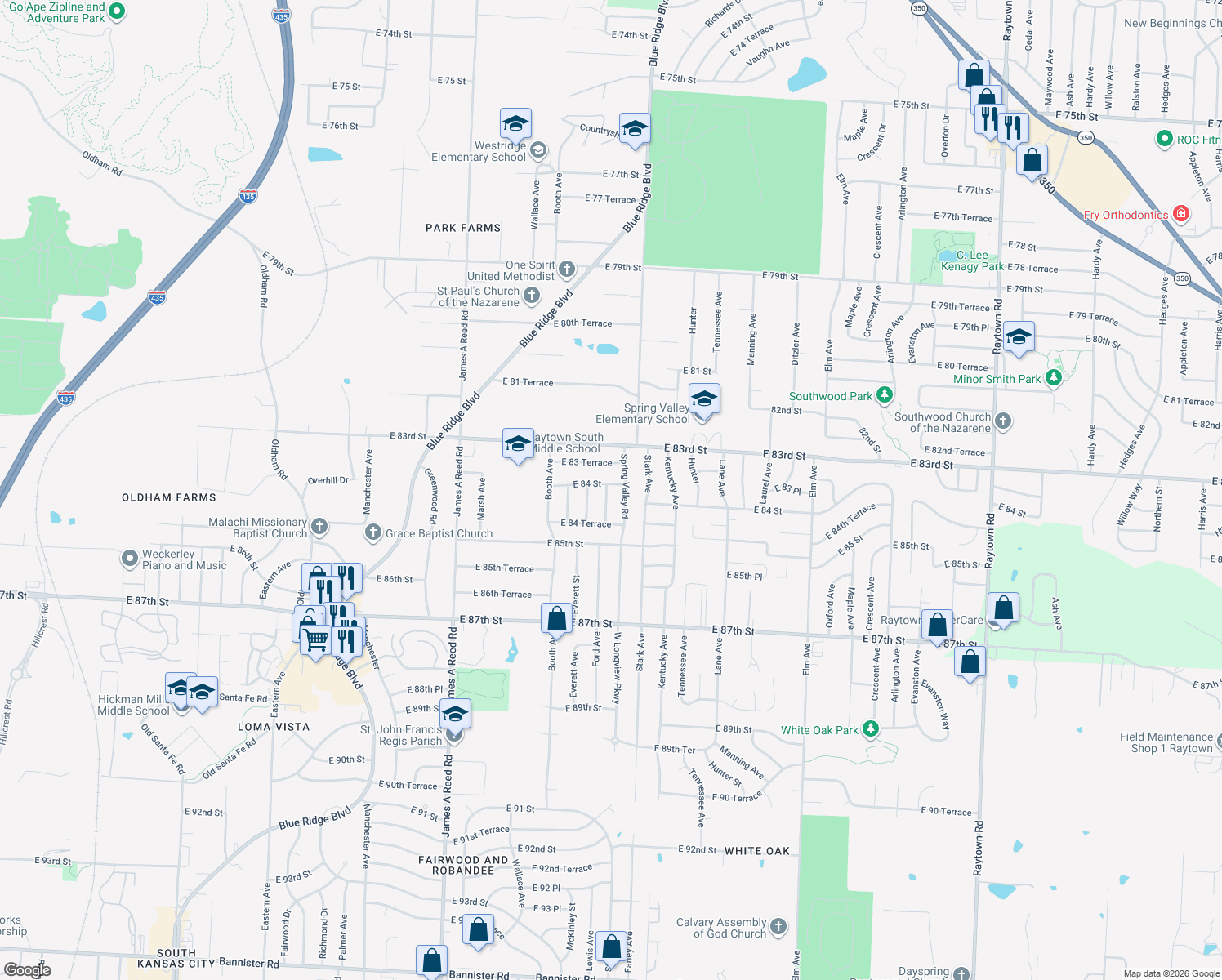 map of restaurants, bars, coffee shops, grocery stores, and more near 8401 Ford Avenue in Raytown