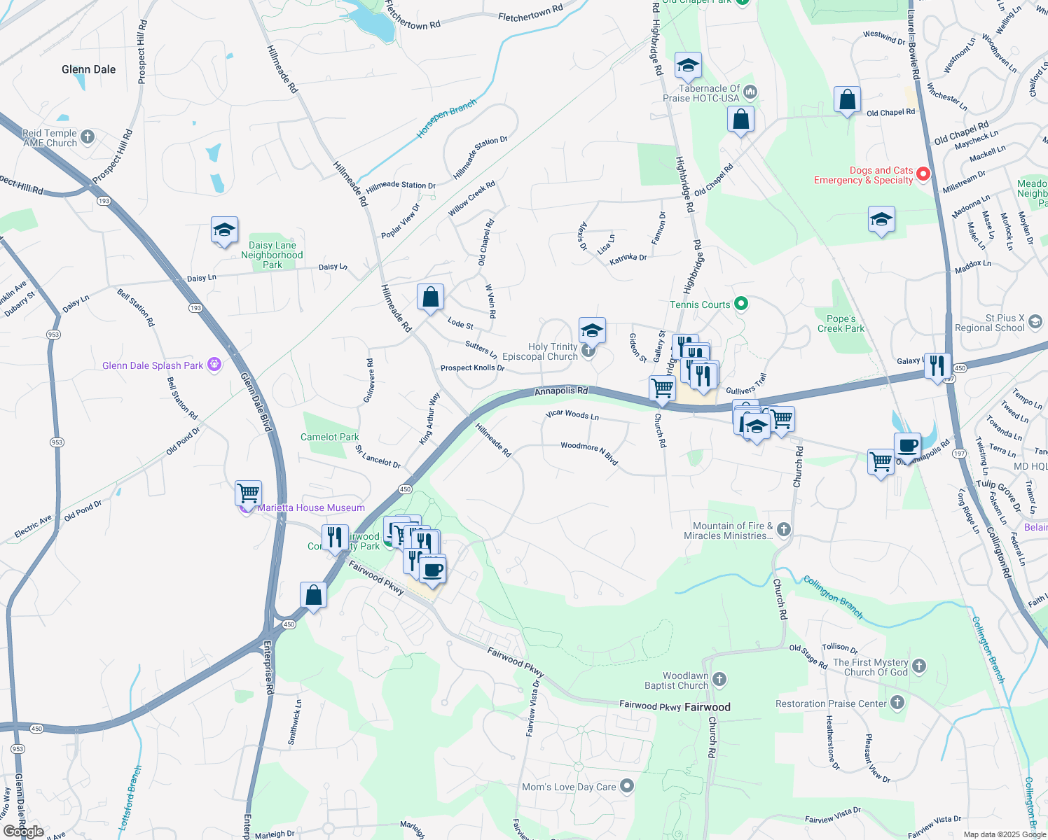 map of restaurants, bars, coffee shops, grocery stores, and more near 12906 Vicar Woods Ln in Bowie