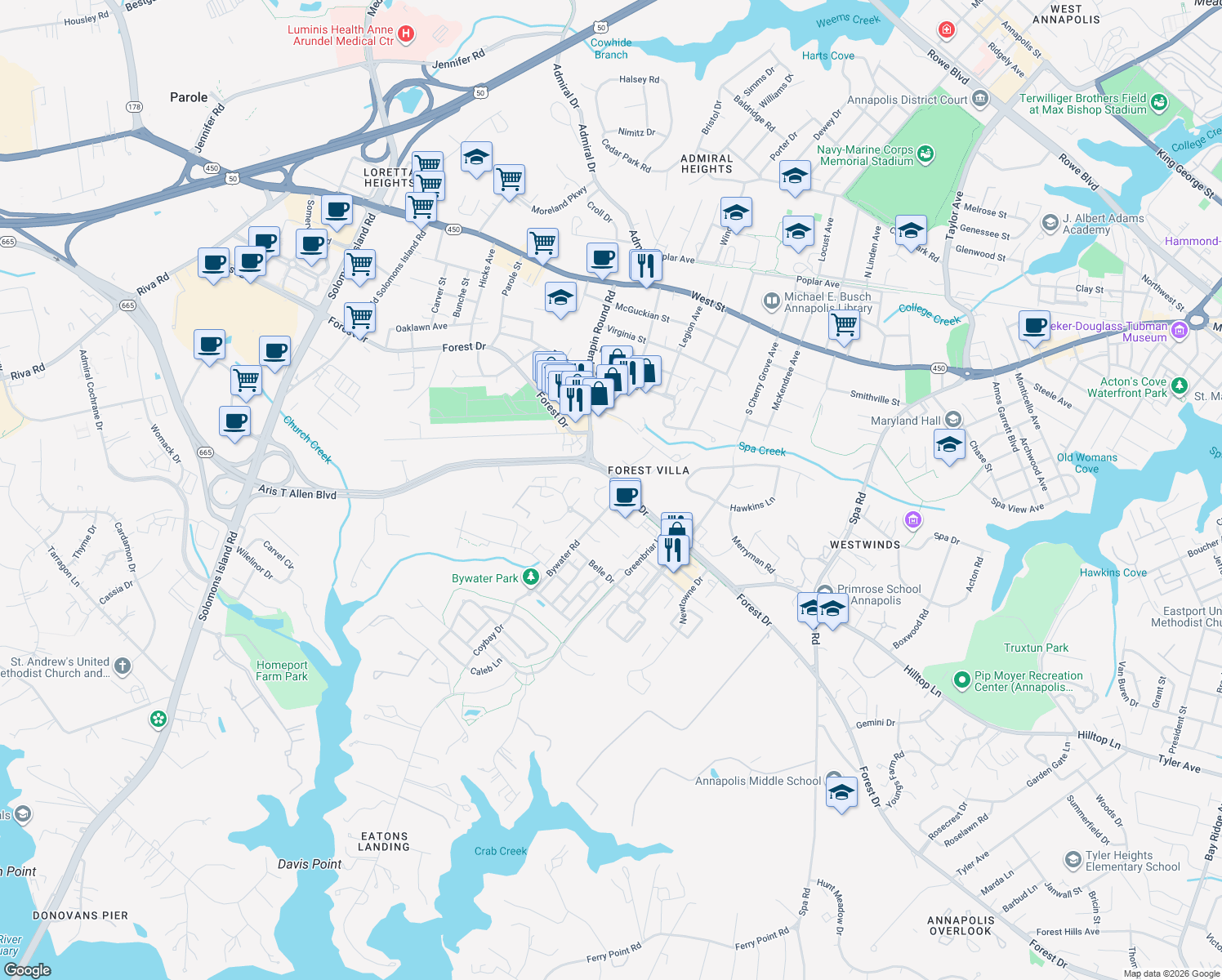 map of restaurants, bars, coffee shops, grocery stores, and more near 515 Royal Street in Annapolis