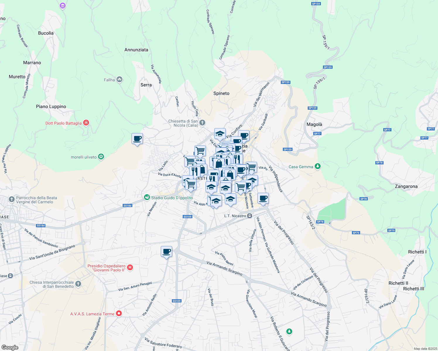 map of restaurants, bars, coffee shops, grocery stores, and more near 57 Via Trento in Lamezia Terme