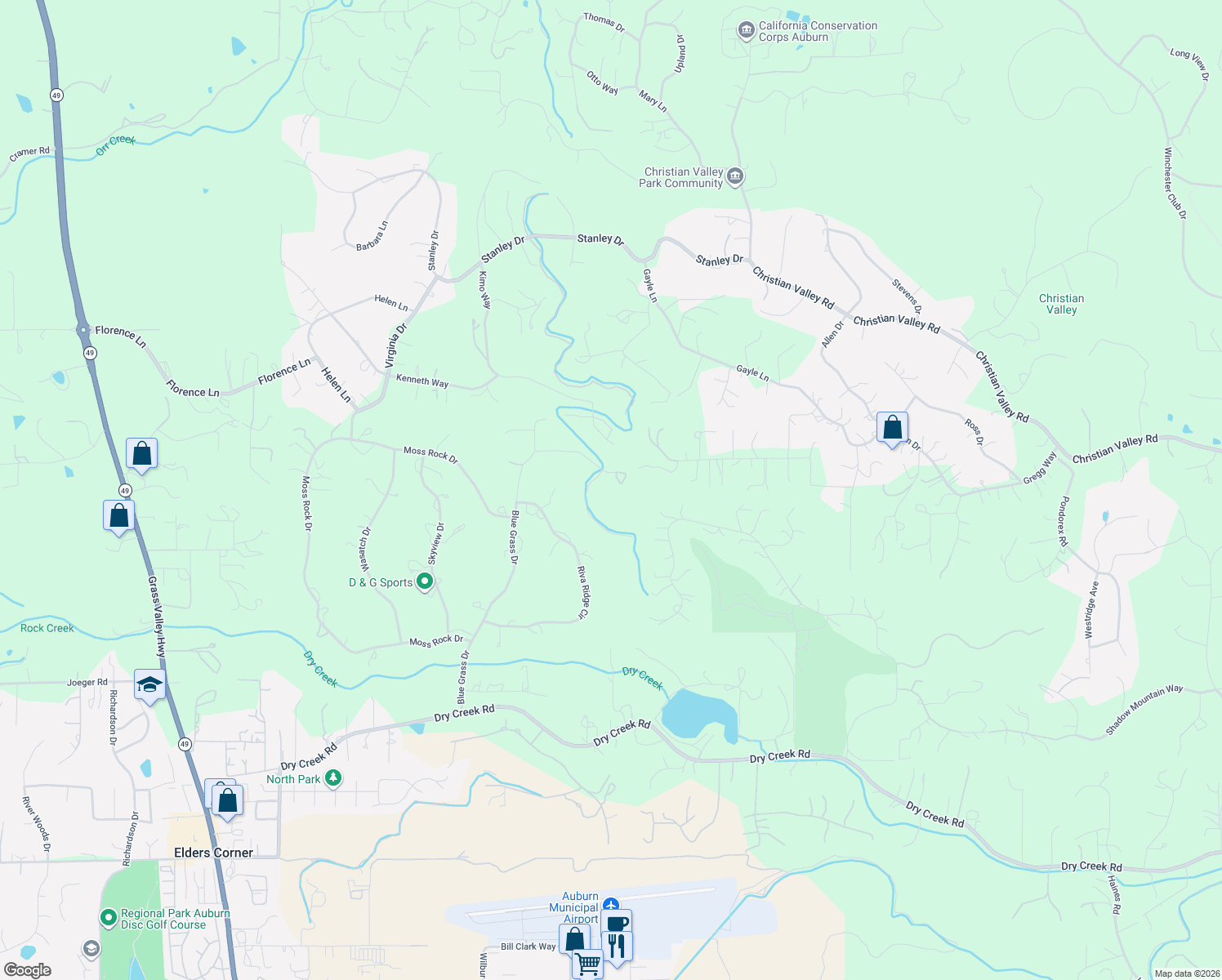 map of restaurants, bars, coffee shops, grocery stores, and more near 14190 Red Rock Court in Auburn