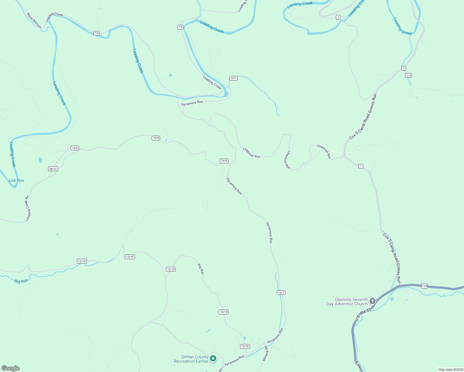 map of restaurants, bars, coffee shops, grocery stores, and more near County Route 12/7 in Gilmer