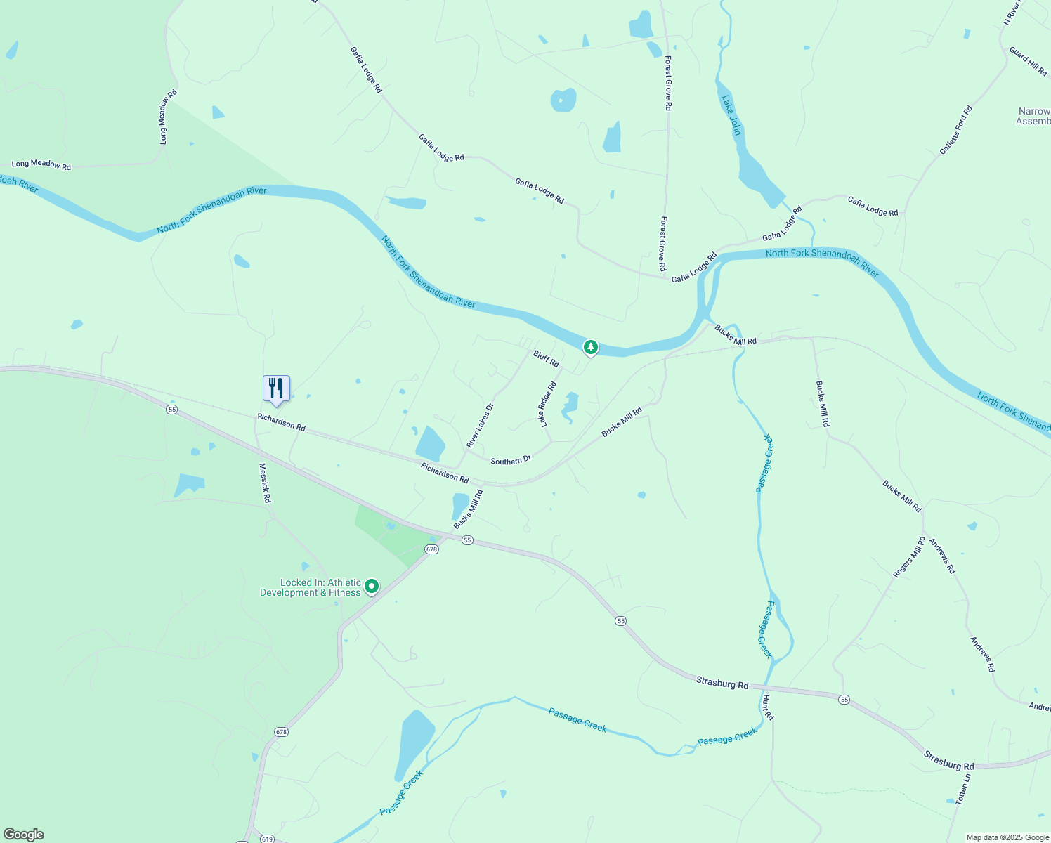map of restaurants, bars, coffee shops, grocery stores, and more near 45 Cedar Lake Court in Strasburg