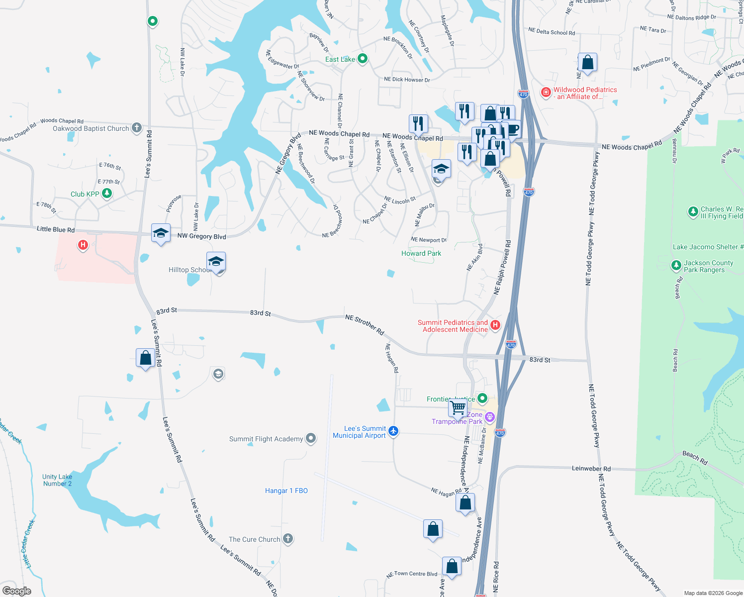 map of restaurants, bars, coffee shops, grocery stores, and more near 500 Northeast Strother Road in Lee's Summit