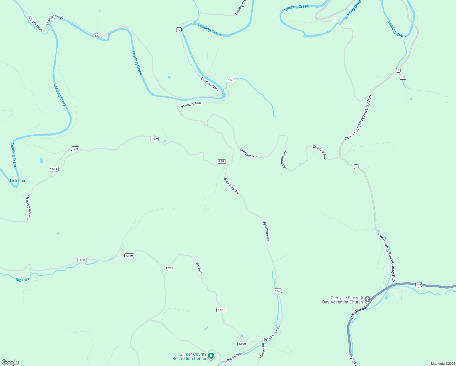 map of restaurants, bars, coffee shops, grocery stores, and more near County Route 12/7 in Gilmer