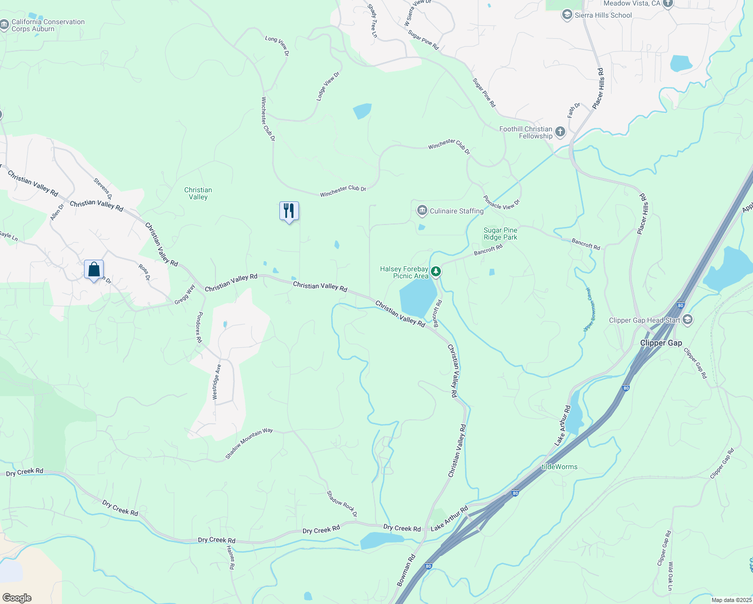map of restaurants, bars, coffee shops, grocery stores, and more near 1212 Christian Valley Rd in Auburn