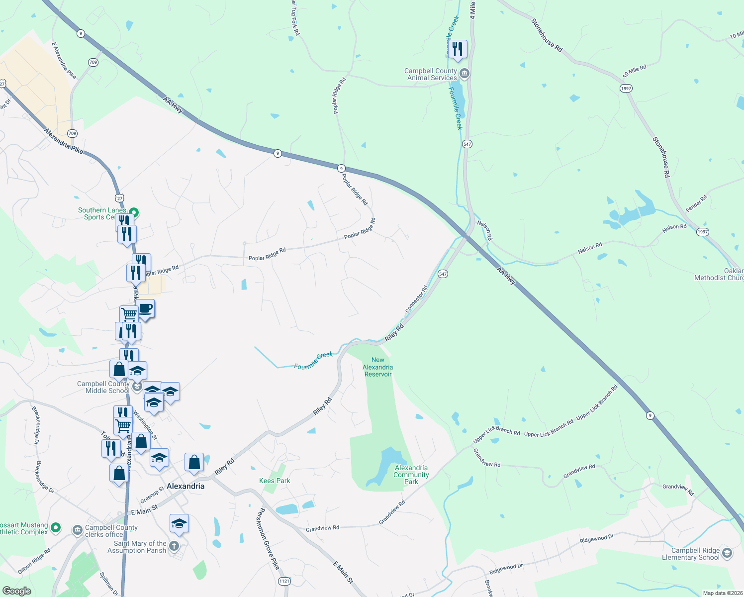 map of restaurants, bars, coffee shops, grocery stores, and more near 3758 Parkview Drive in Alexandria