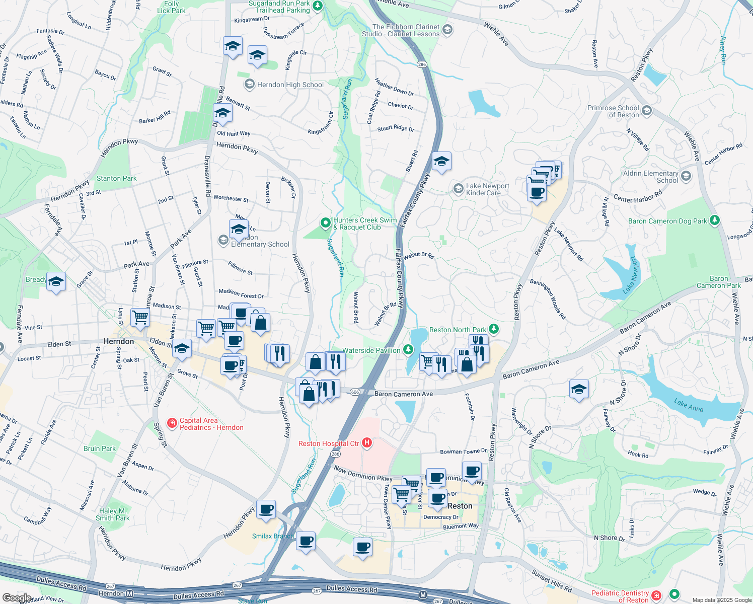 map of restaurants, bars, coffee shops, grocery stores, and more near 1651 Sierra Woods Drive in Reston