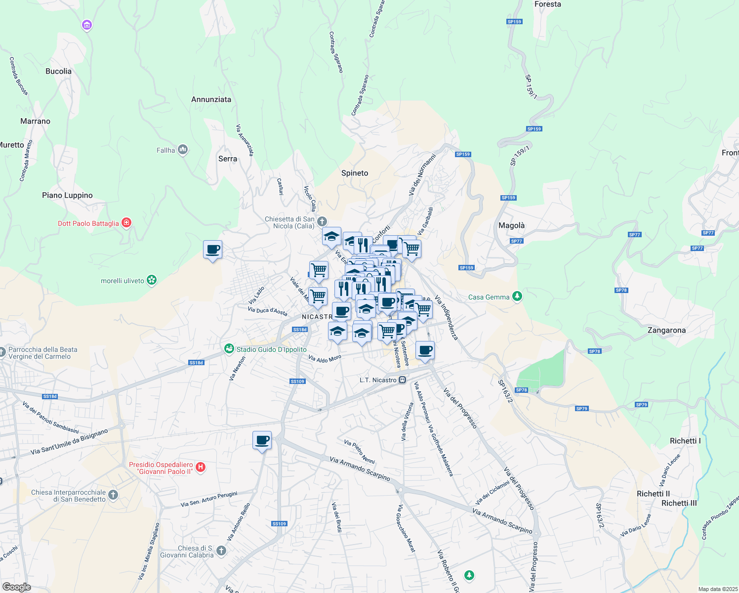 map of restaurants, bars, coffee shops, grocery stores, and more near 4 Via Montelungo in Lamezia Terme