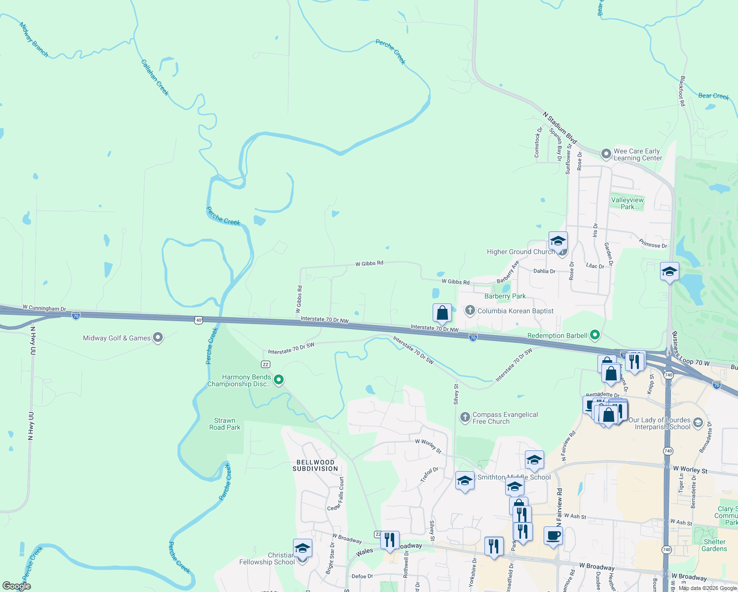 map of restaurants, bars, coffee shops, grocery stores, and more near 108 Dene Drive in Columbia