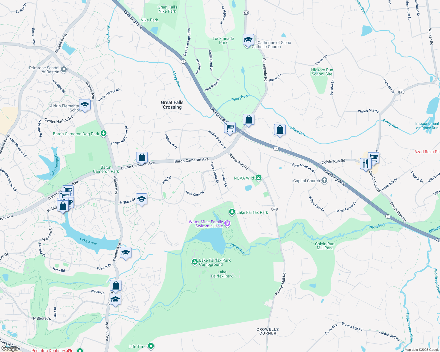 map of restaurants, bars, coffee shops, grocery stores, and more near 1314 Dasher Lane in Reston