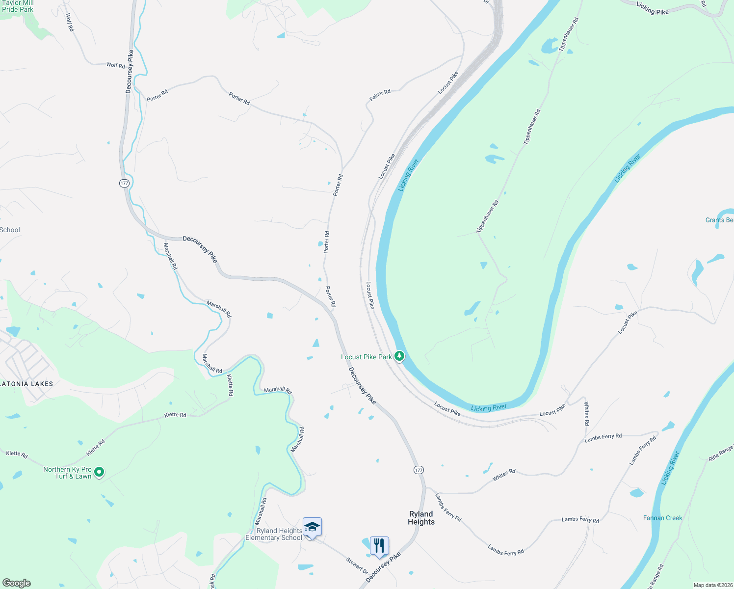 map of restaurants, bars, coffee shops, grocery stores, and more near 9494 Locust Pike in Ryland Heights