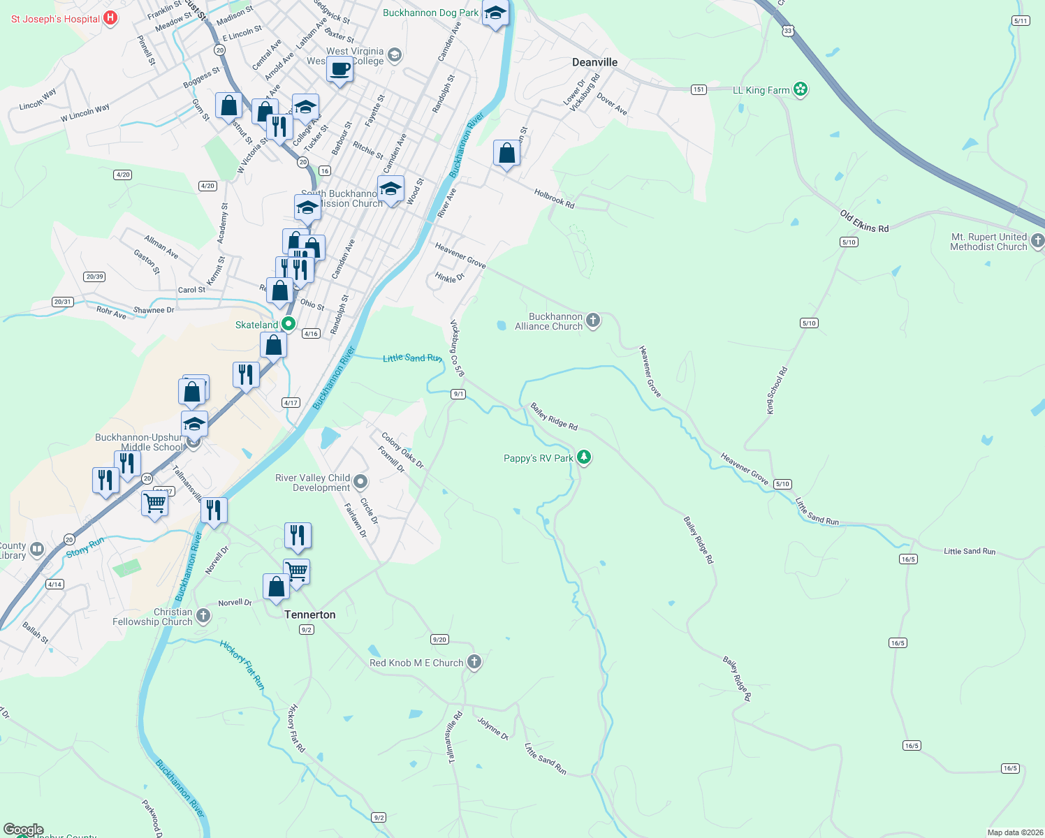 map of restaurants, bars, coffee shops, grocery stores, and more near 846 Little Sand Run Road in Buckhannon