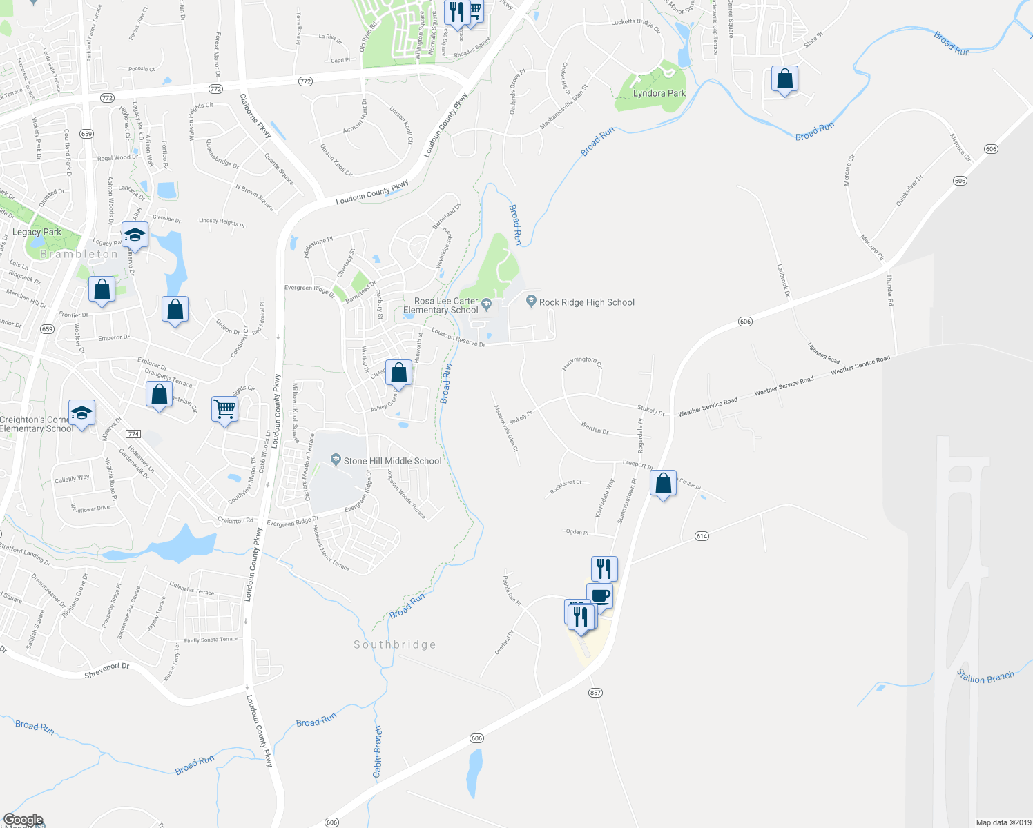 map of restaurants, bars, coffee shops, grocery stores, and more near 43382 Stukely Drive in Sterling