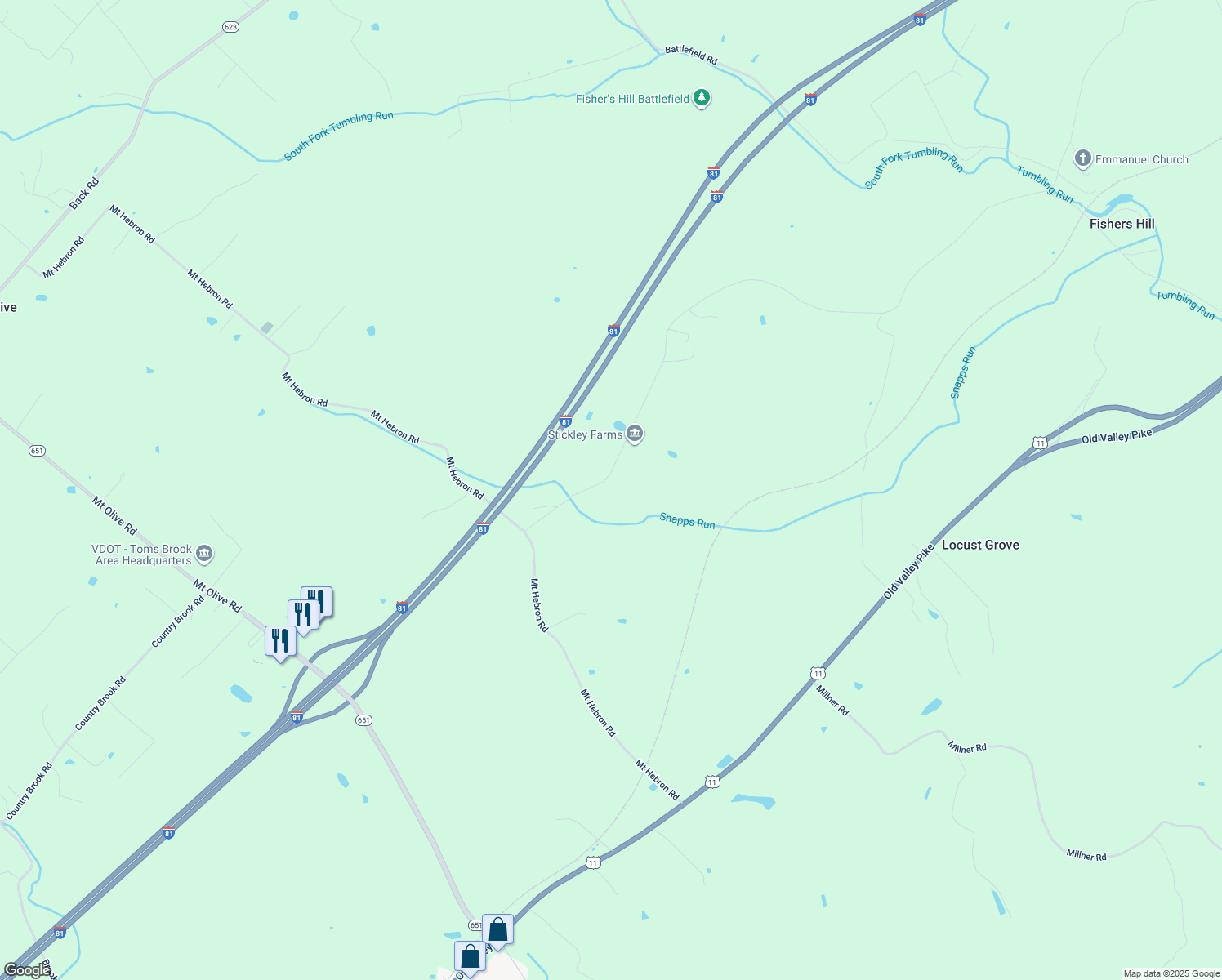 map of restaurants, bars, coffee shops, grocery stores, and more near 214 Copp Road in Strasburg