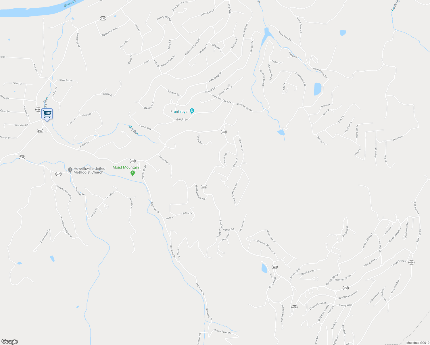 map of restaurants, bars, coffee shops, grocery stores, and more near 2185 Blue Mountain Road in Front Royal