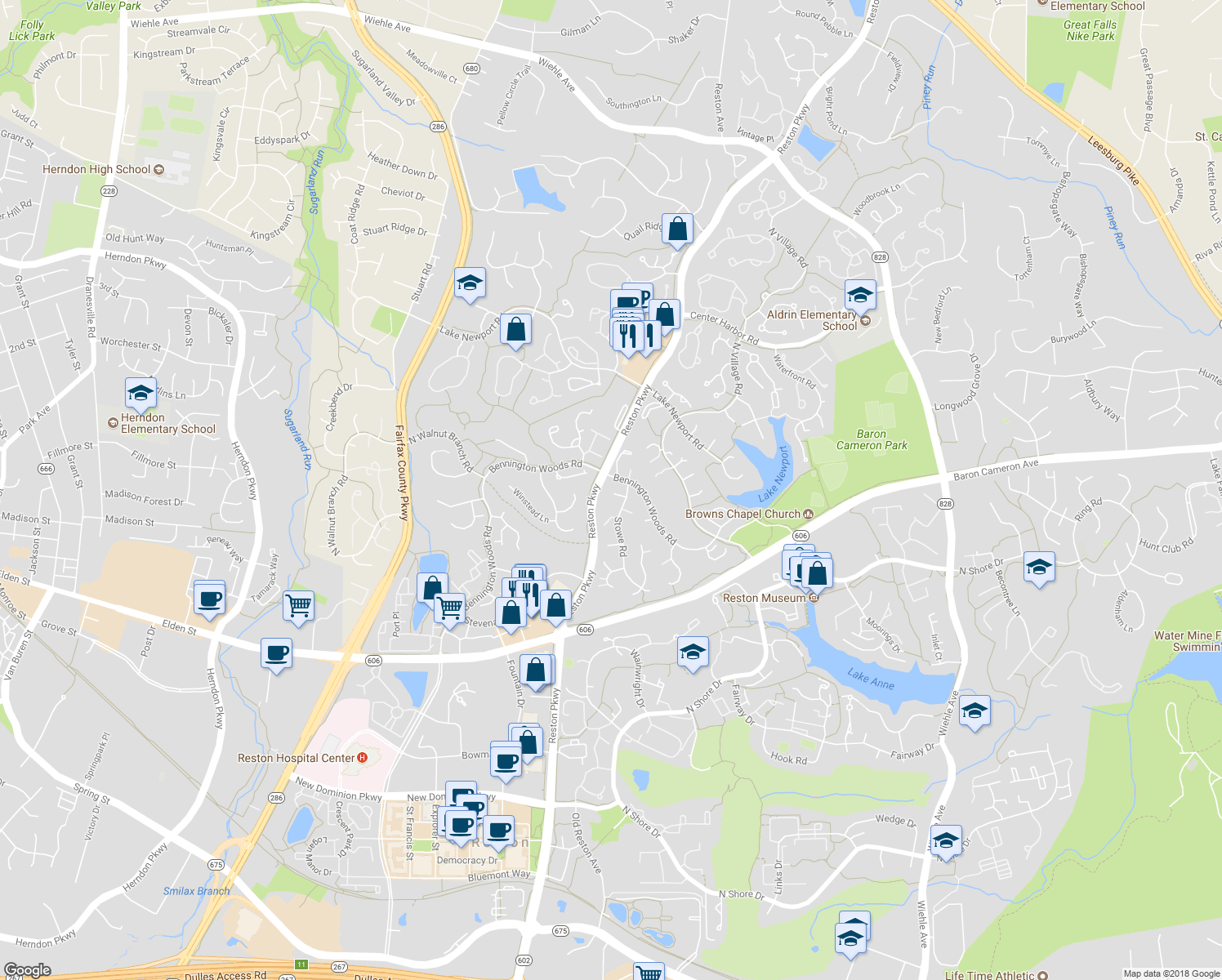 map of restaurants, bars, coffee shops, grocery stores, and more near 1594 Stowe Road in Reston