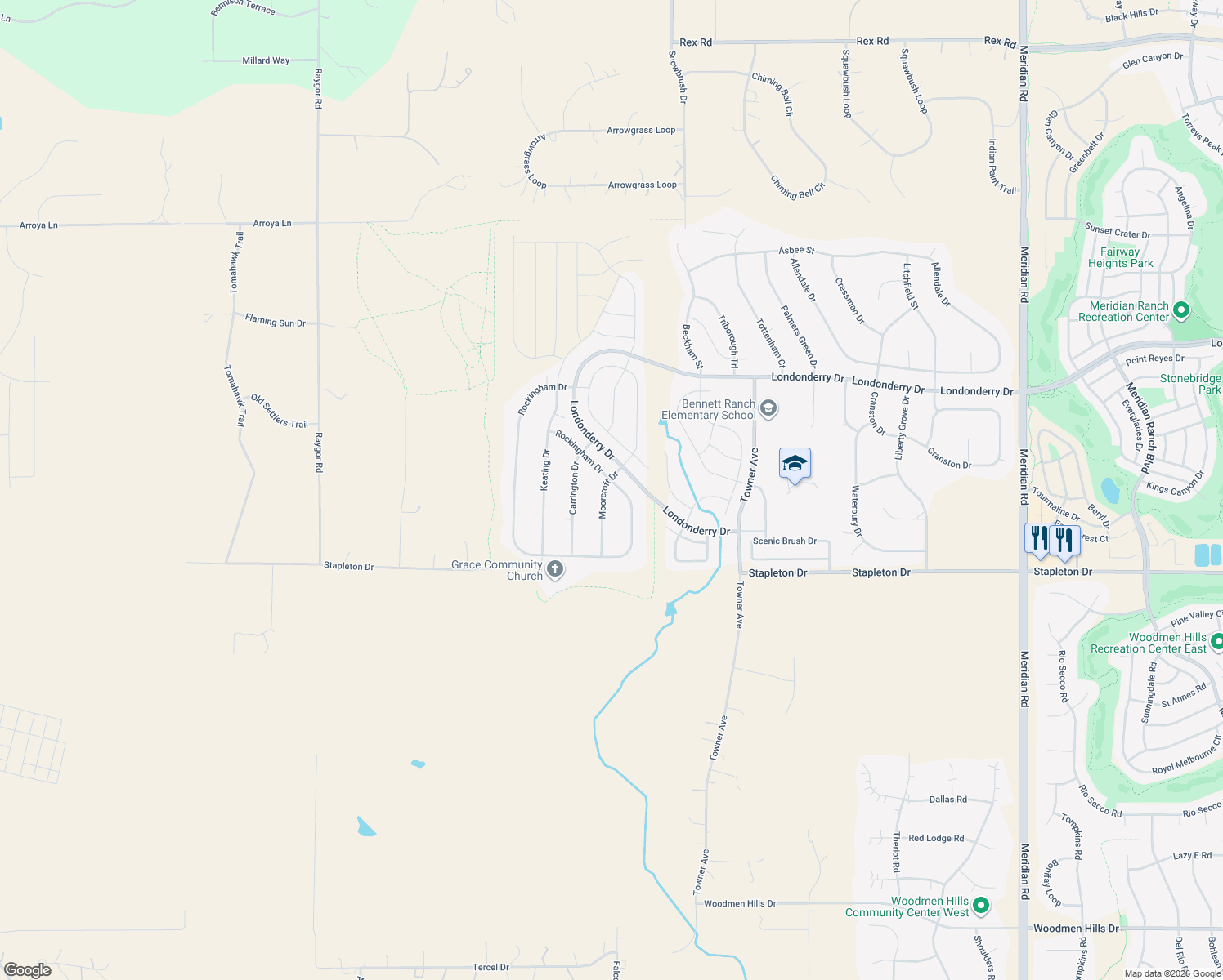 map of restaurants, bars, coffee shops, grocery stores, and more near 9205 Rockingham Drive in Peyton