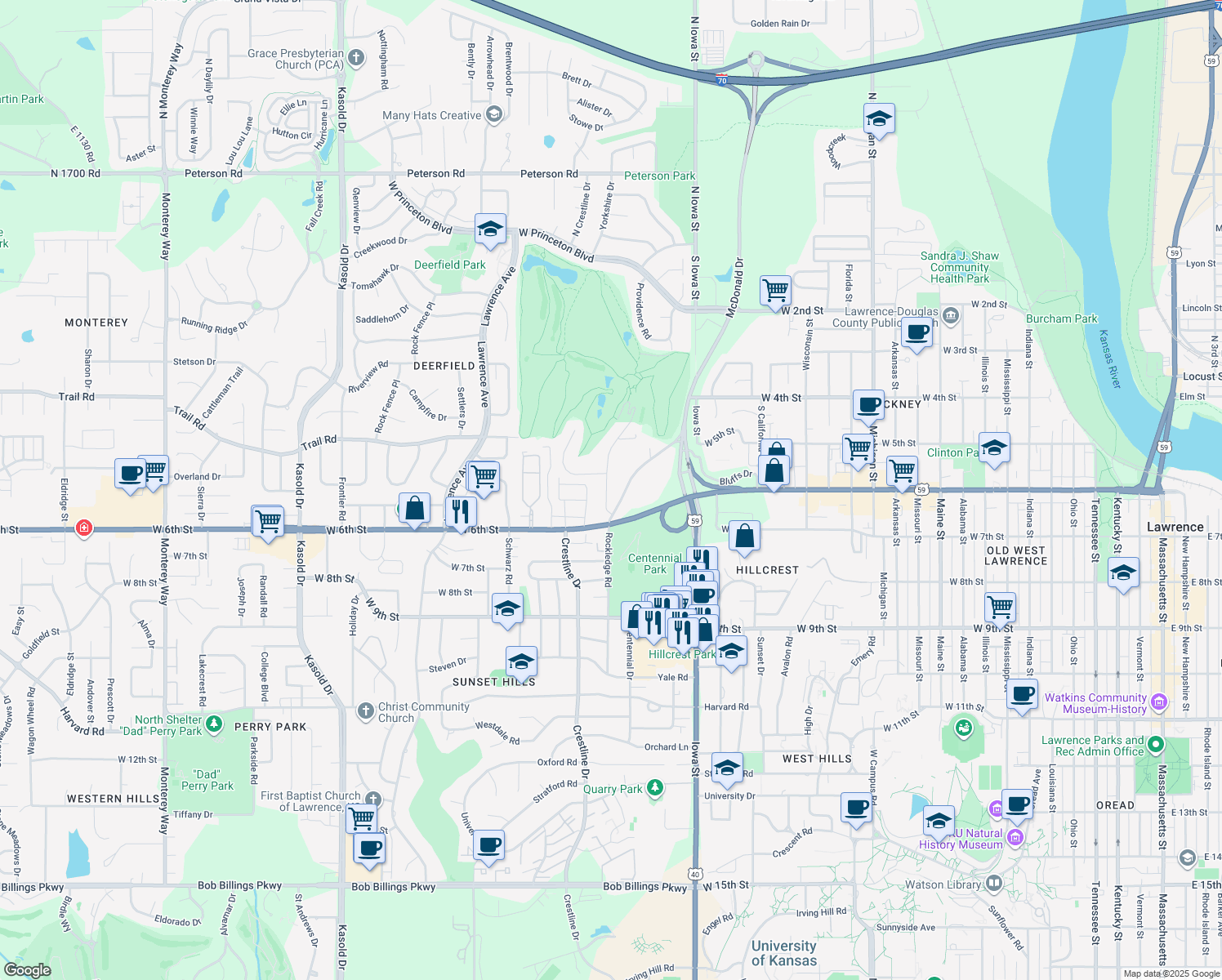 map of restaurants, bars, coffee shops, grocery stores, and more near 610 Country Club Terrace in Lawrence