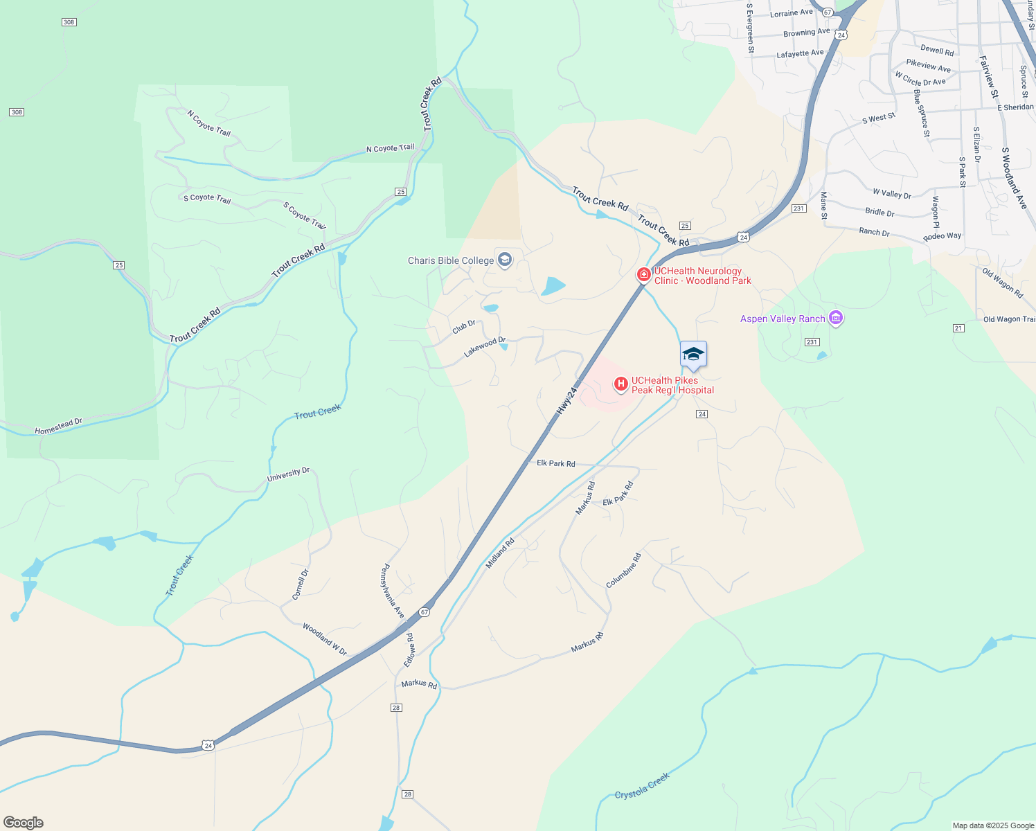 map of restaurants, bars, coffee shops, grocery stores, and more near 170 Stacey Lane in Woodland Park