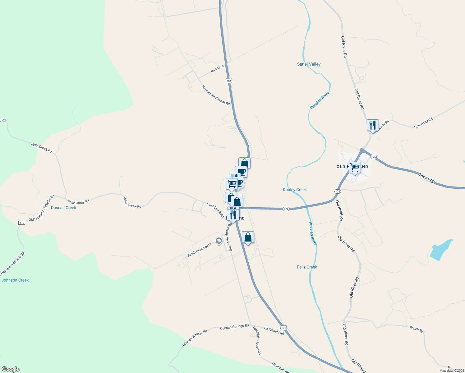 map of restaurants, bars, coffee shops, grocery stores, and more near 50 Center Street in Hopland