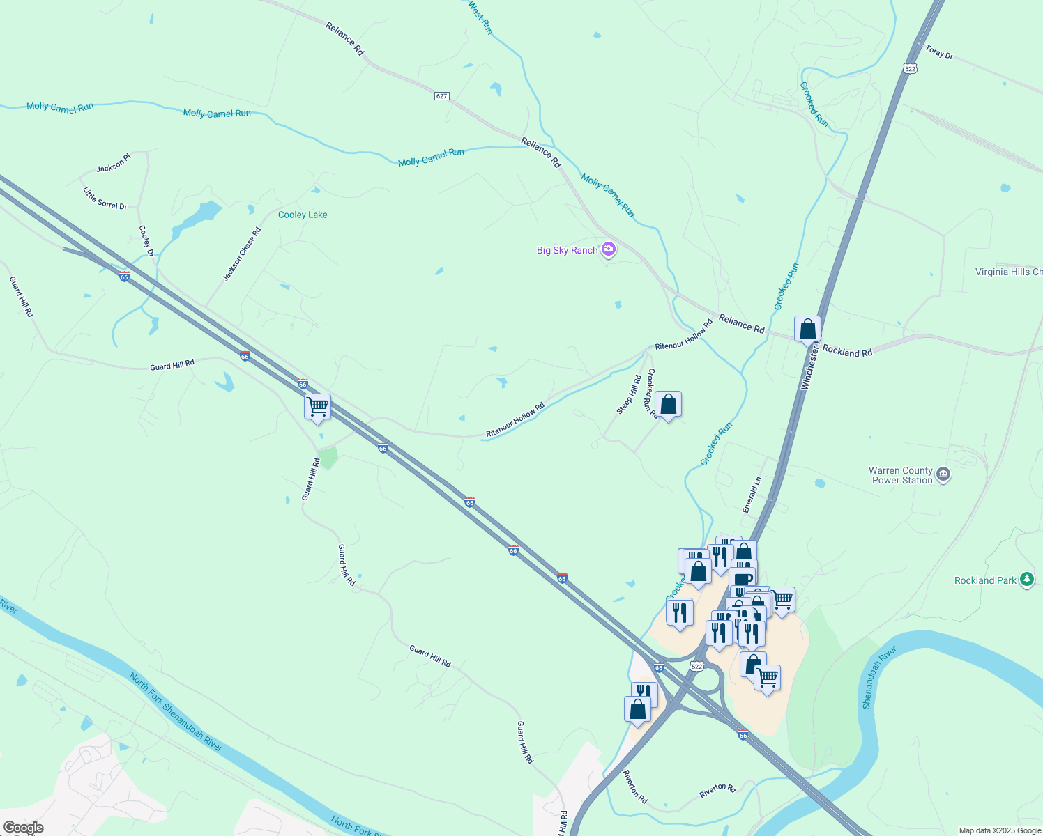 map of restaurants, bars, coffee shops, grocery stores, and more near Ritenour Hollow Road in Warren County
