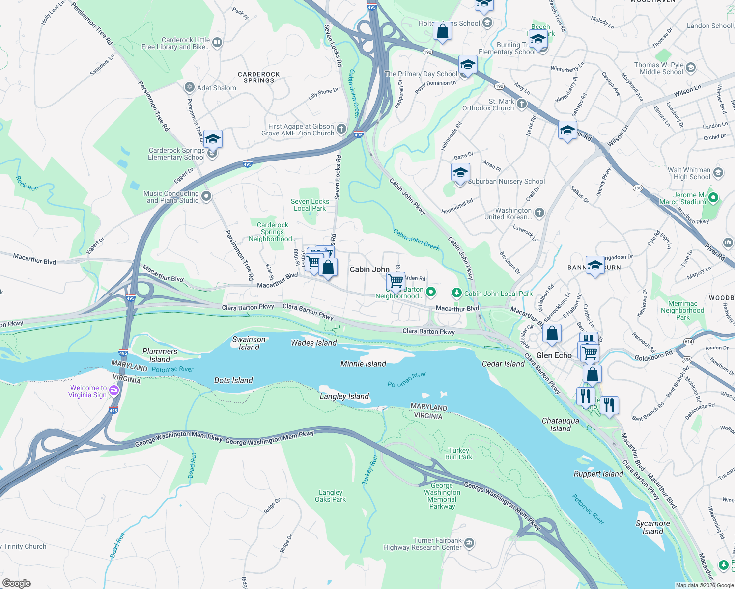 map of restaurants, bars, coffee shops, grocery stores, and more near 7687 Macarthur Boulevard Northwest in Cabin John