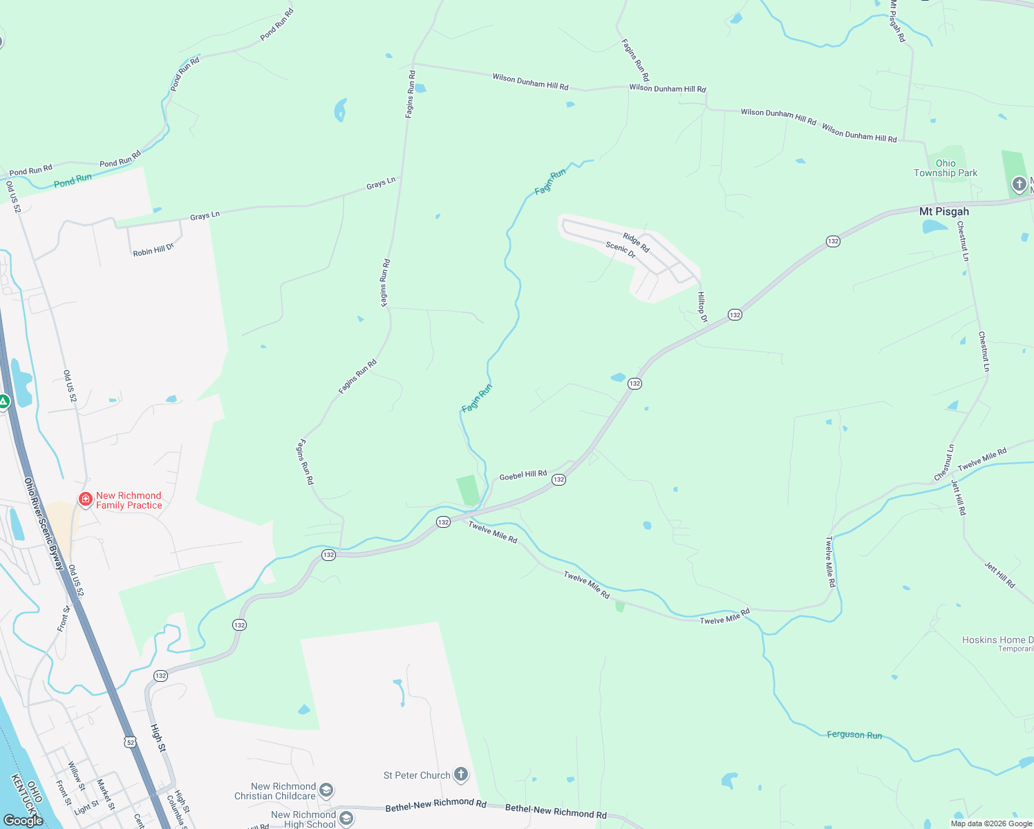 map of restaurants, bars, coffee shops, grocery stores, and more near 1196 Riebel Ridge Road in New Richmond