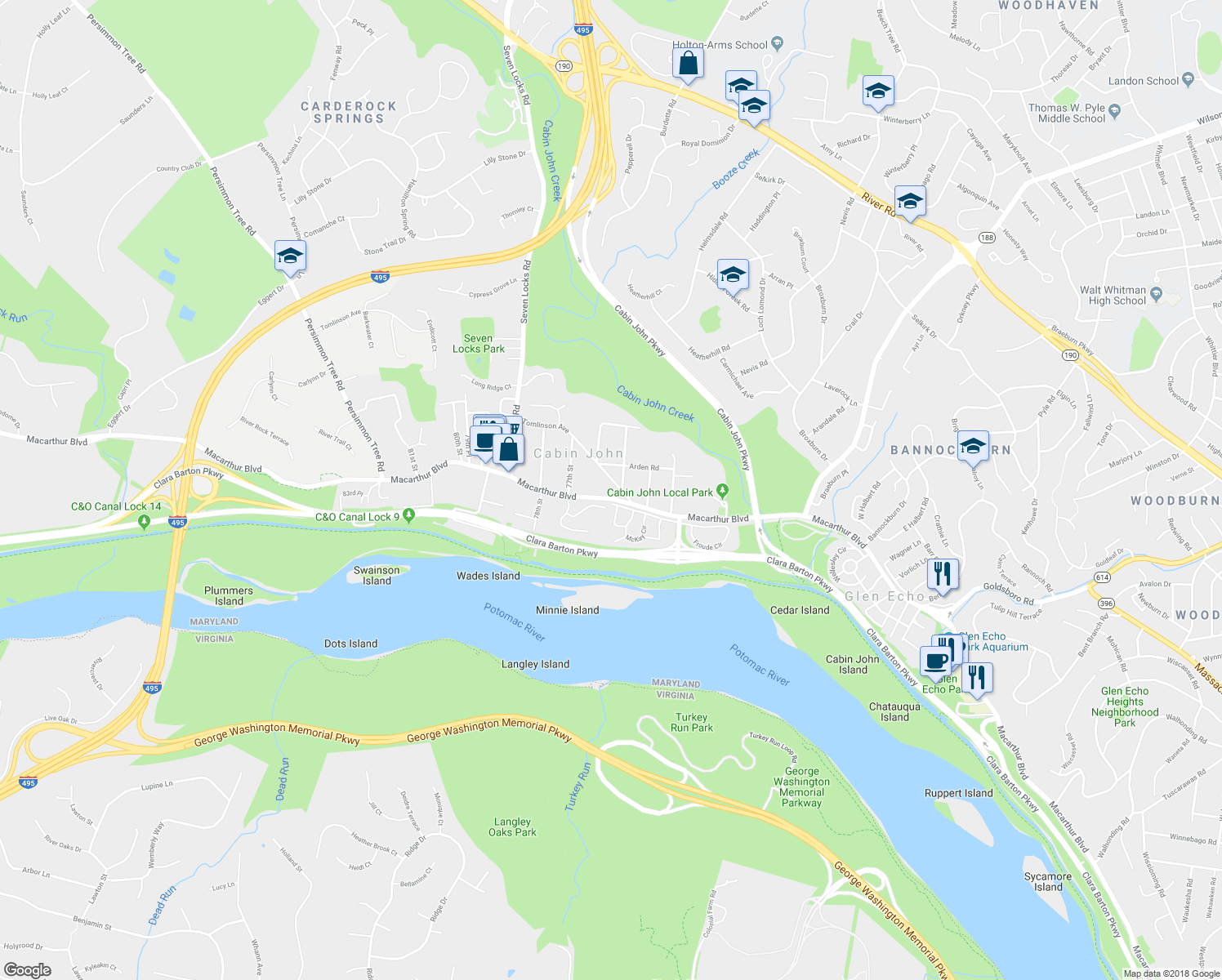 map of restaurants, bars, coffee shops, grocery stores, and more near in Cabin John