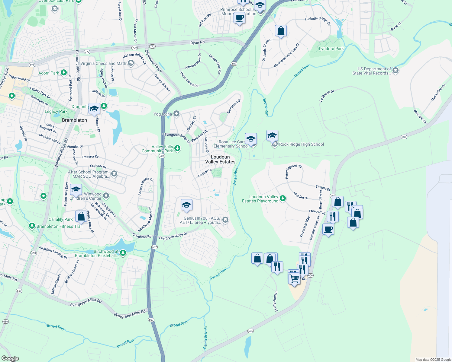 map of restaurants, bars, coffee shops, grocery stores, and more near 43276 Mitcham Square in Ashburn