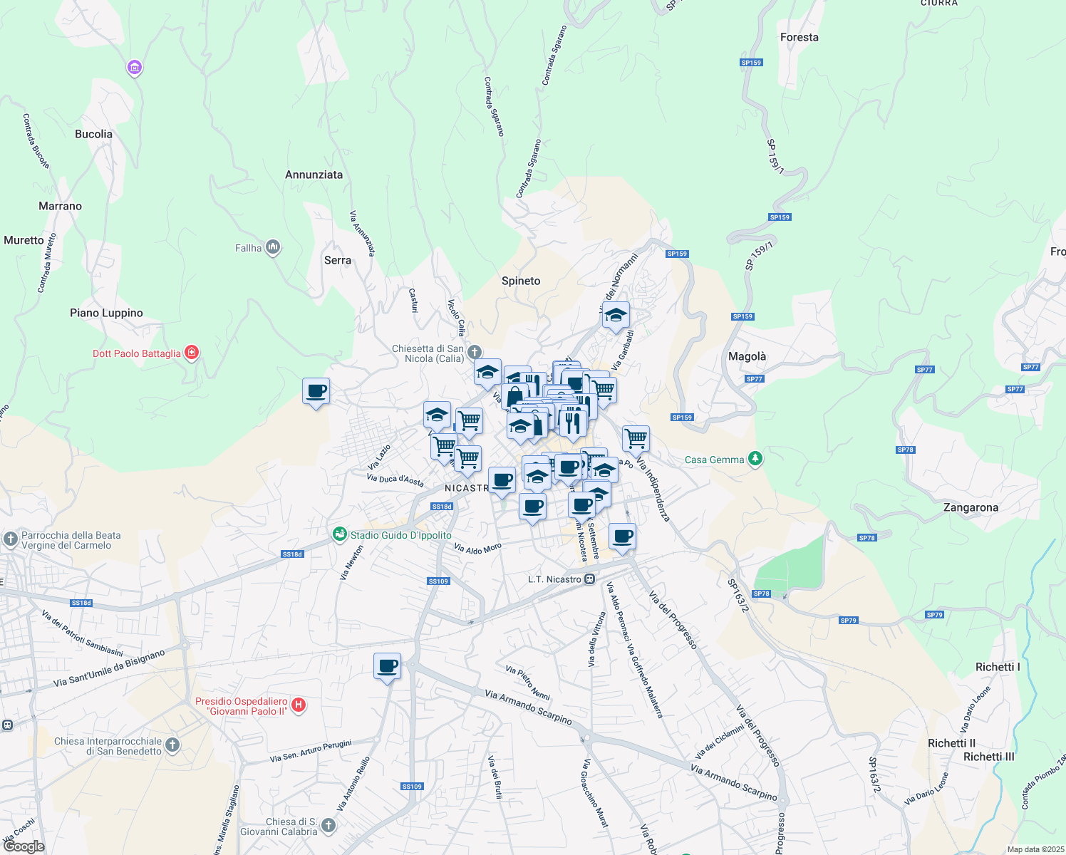 map of restaurants, bars, coffee shops, grocery stores, and more near 9 Via Mario Paola in Lamezia Terme