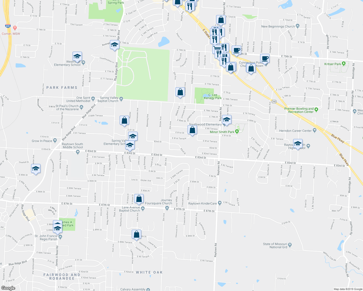 map of restaurants, bars, coffee shops, grocery stores, and more near 9404 82nd Street in Raytown