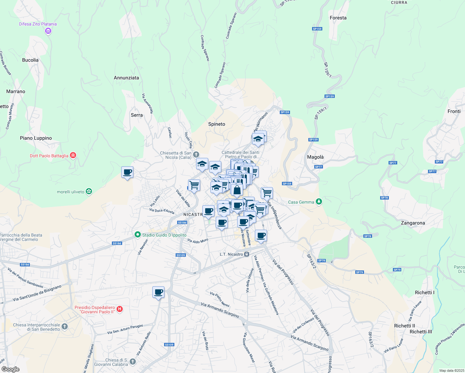 map of restaurants, bars, coffee shops, grocery stores, and more near in Lamezia Terme