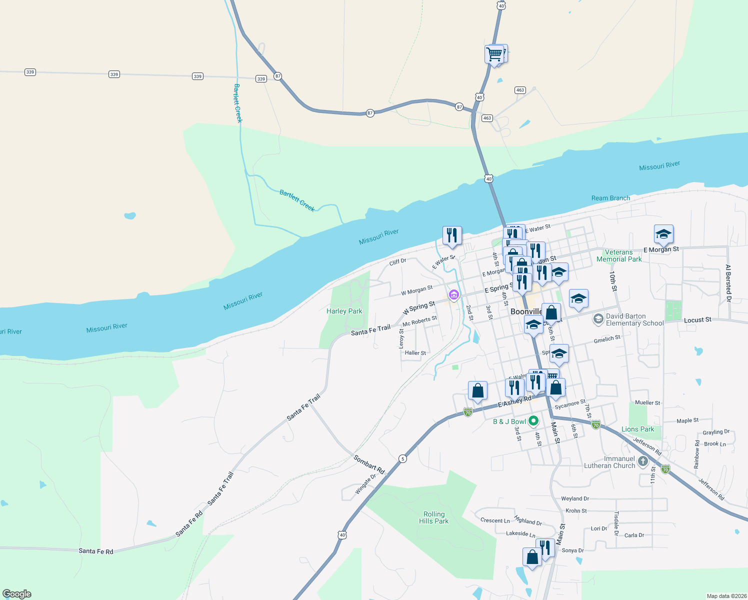 map of restaurants, bars, coffee shops, grocery stores, and more near 521 Park Ave in Boonville