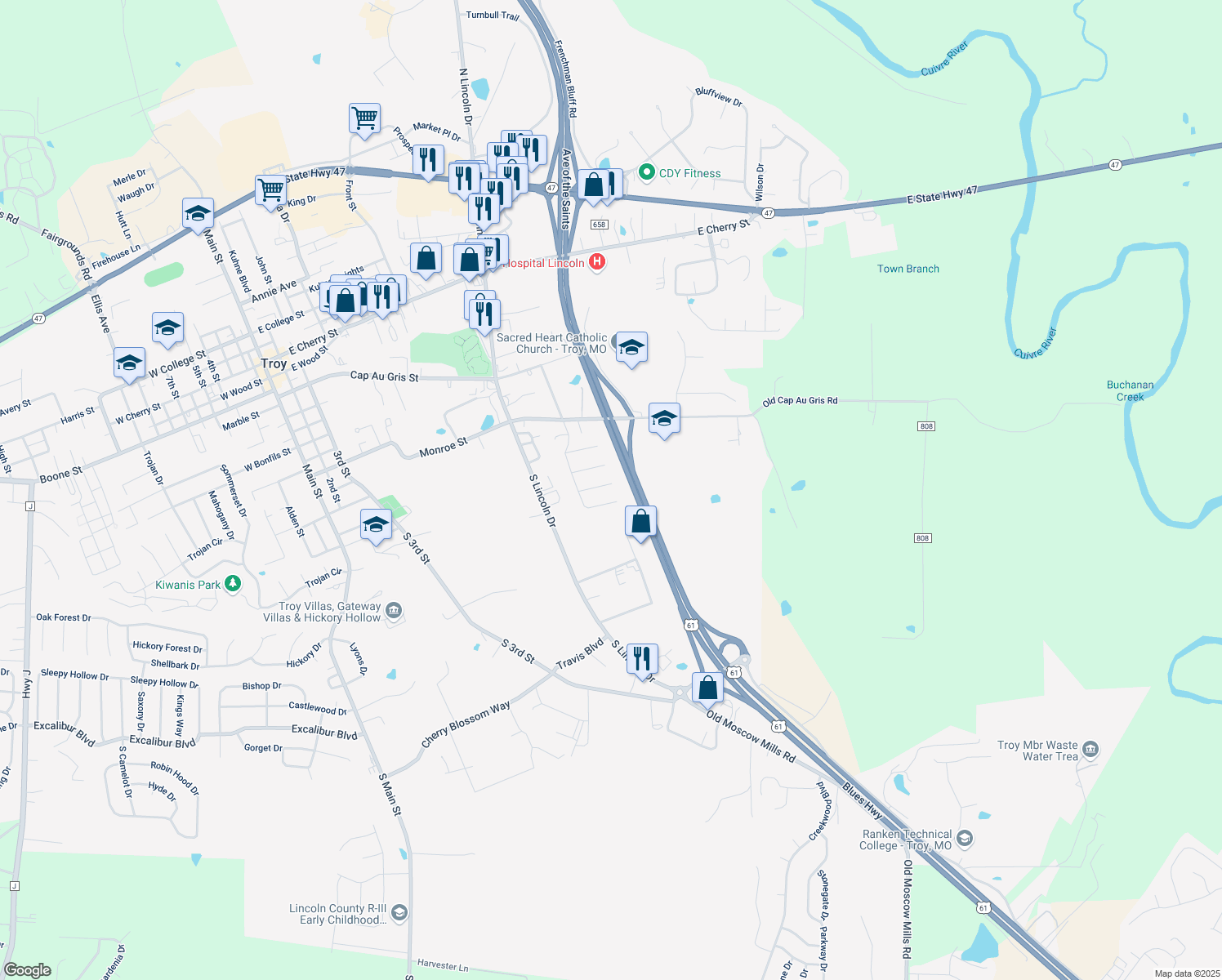 map of restaurants, bars, coffee shops, grocery stores, and more near 30 Silver Court in Troy