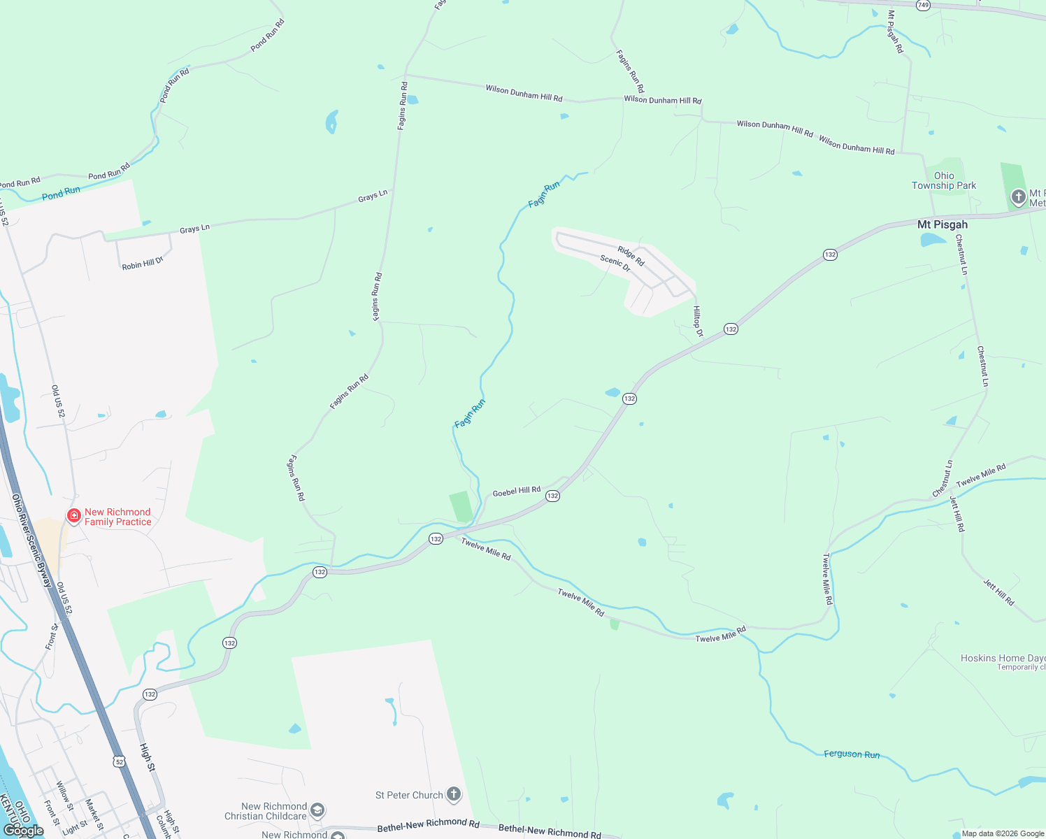 map of restaurants, bars, coffee shops, grocery stores, and more near 1196 Riebel Ridge Road in New Richmond