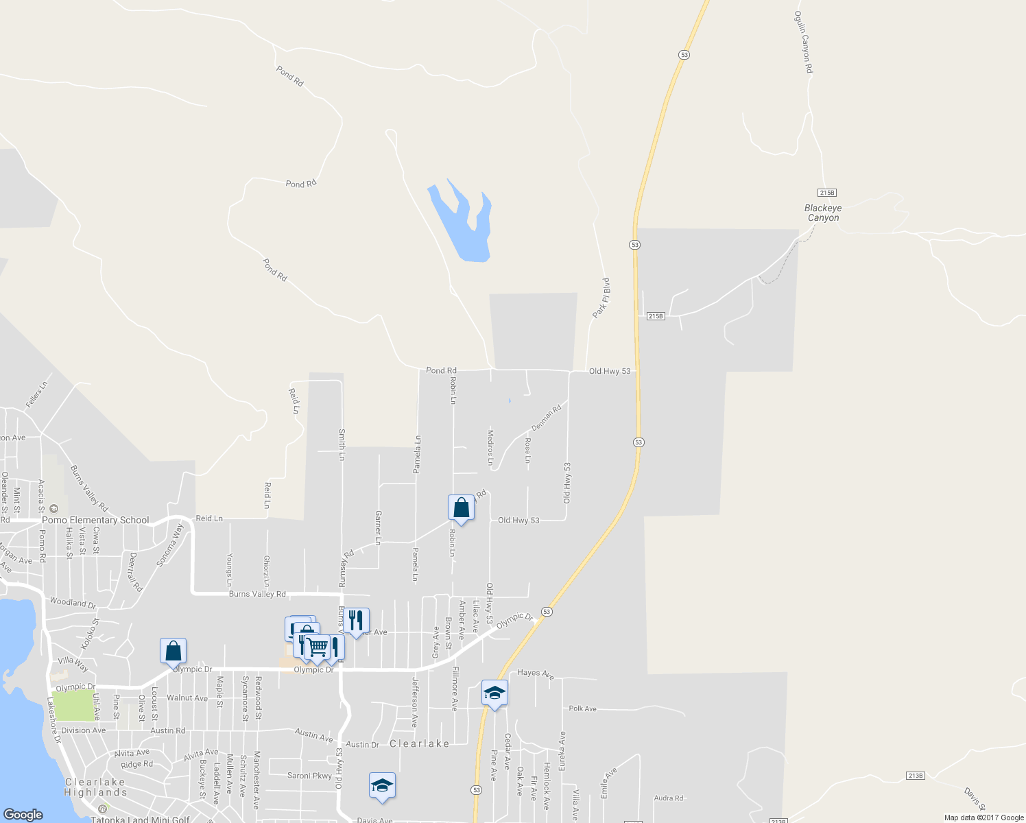 map of restaurants, bars, coffee shops, grocery stores, and more near 15610 Brunetto Lane in Clearlake