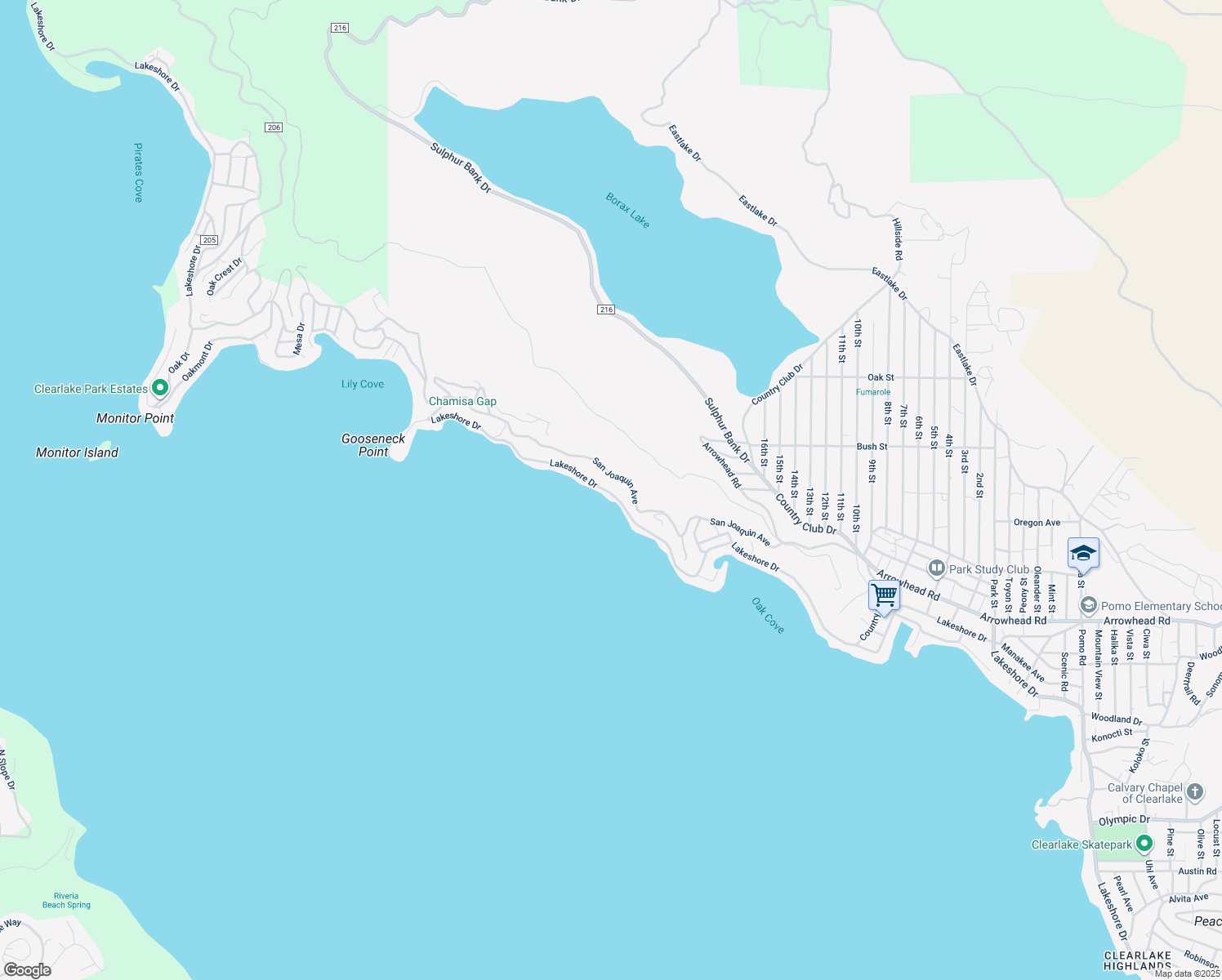 map of restaurants, bars, coffee shops, grocery stores, and more near 12630 Lakeshore Drive in Clearlake