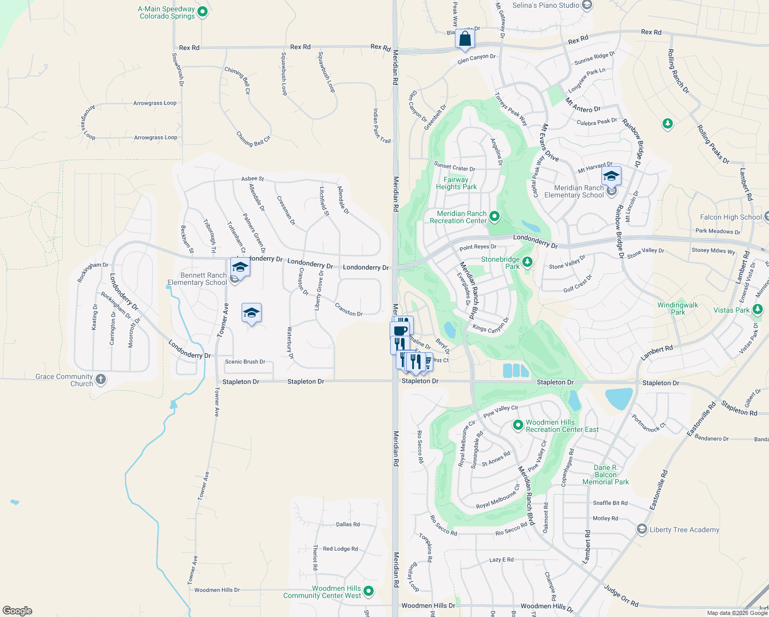 map of restaurants, bars, coffee shops, grocery stores, and more near 11541 Cranston Drive in Peyton