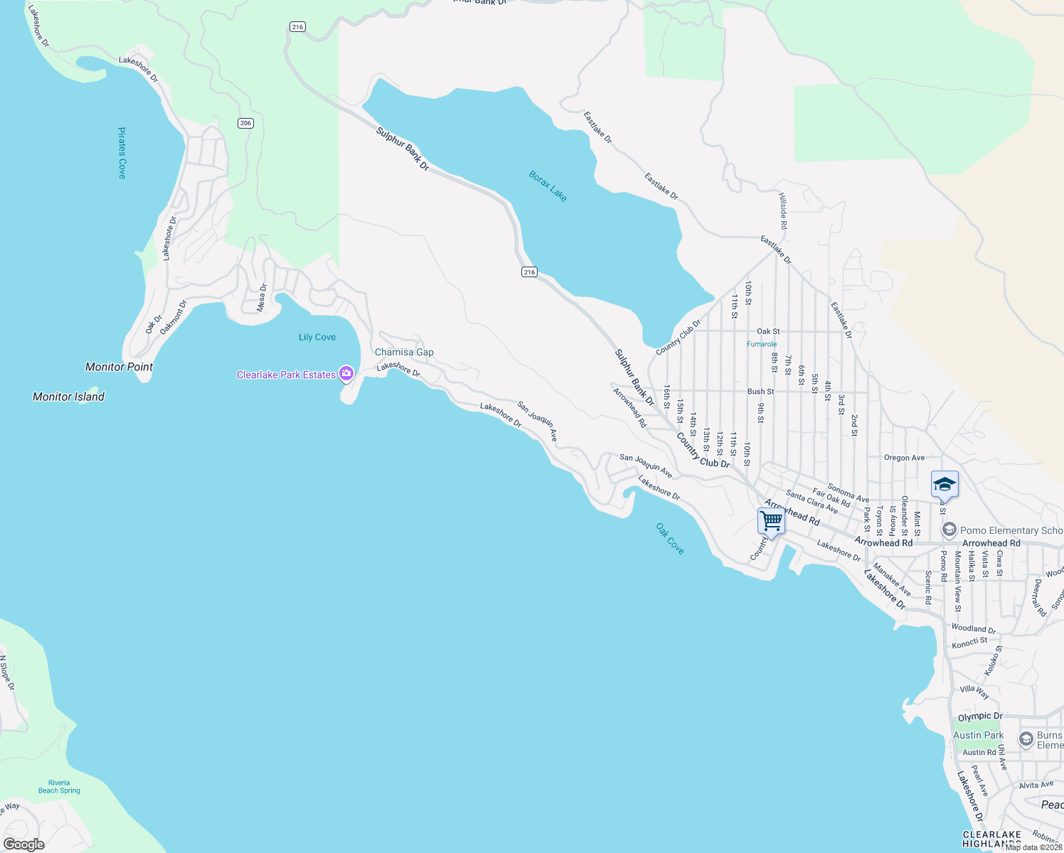 map of restaurants, bars, coffee shops, grocery stores, and more near 12620 Lakeshore Drive in Clearlake