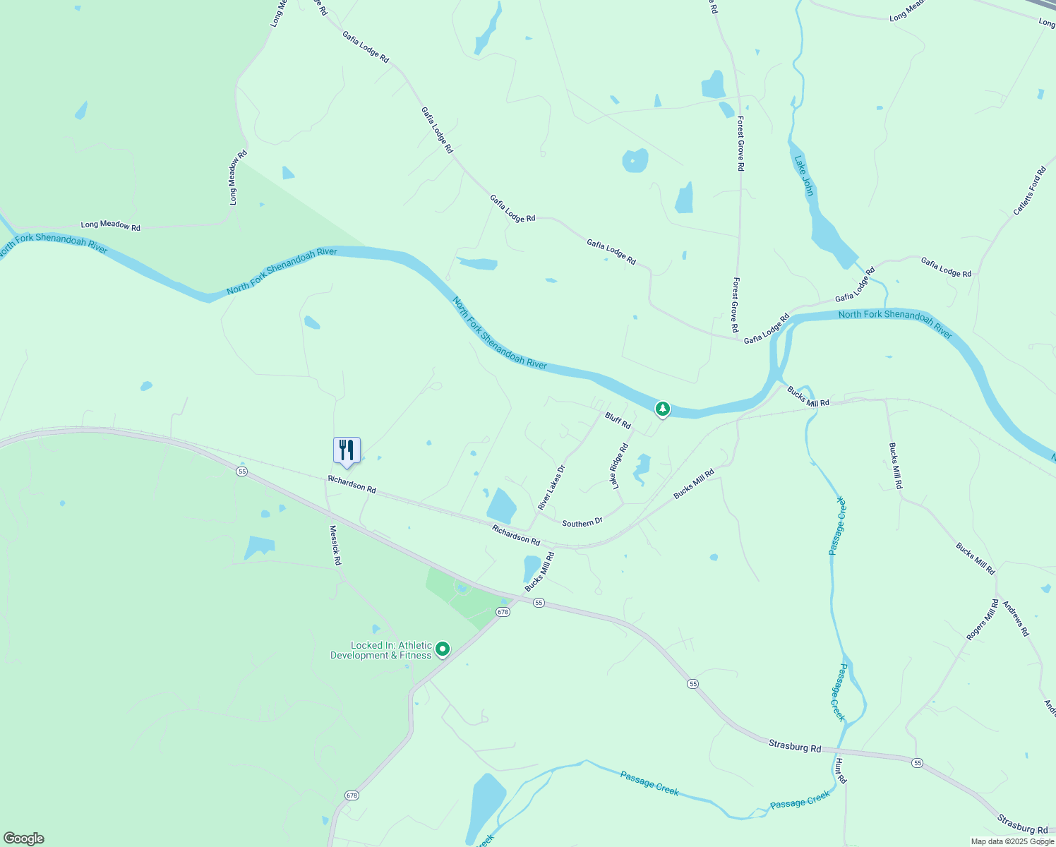 map of restaurants, bars, coffee shops, grocery stores, and more near 164 Lakes Valley Road in Strasburg