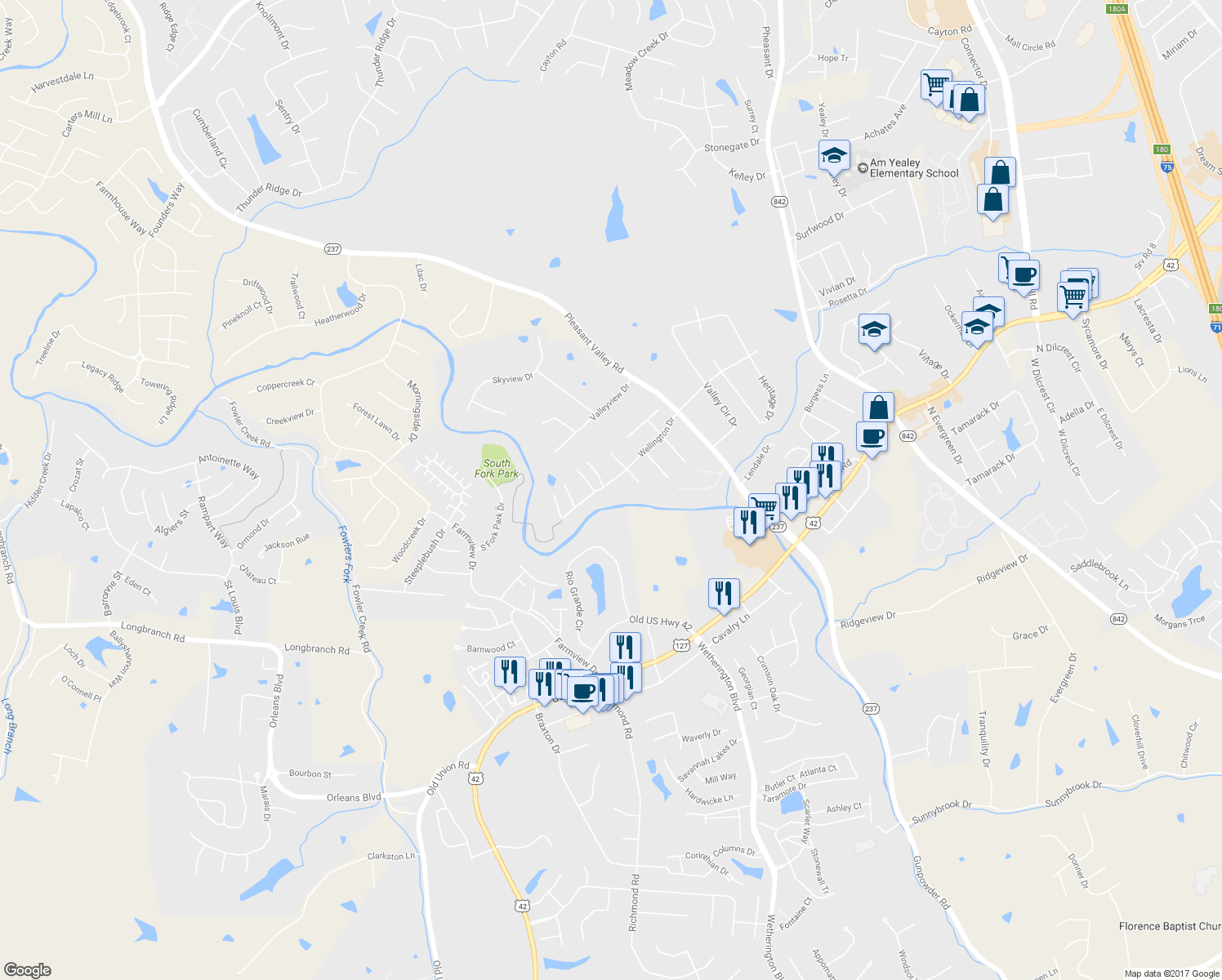 map of restaurants, bars, coffee shops, grocery stores, and more near 71 Wellington Dr in Florence