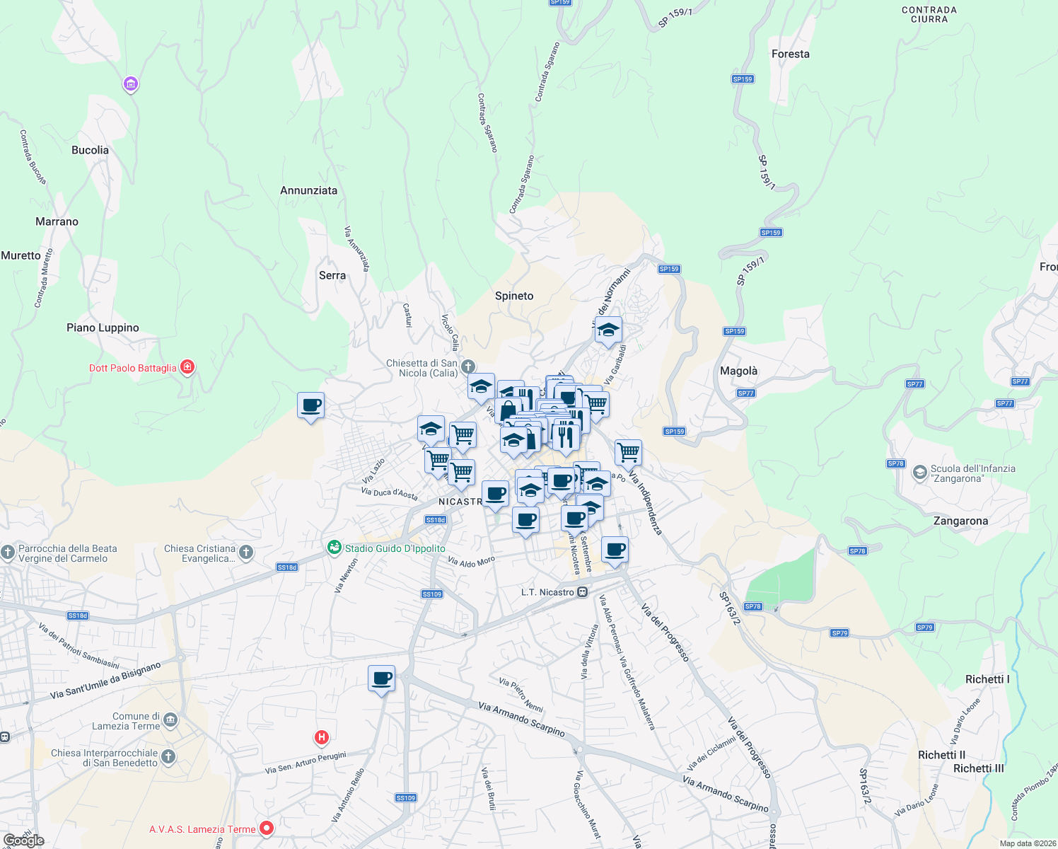 map of restaurants, bars, coffee shops, grocery stores, and more near 9 Via Mario Paola in Lamezia Terme