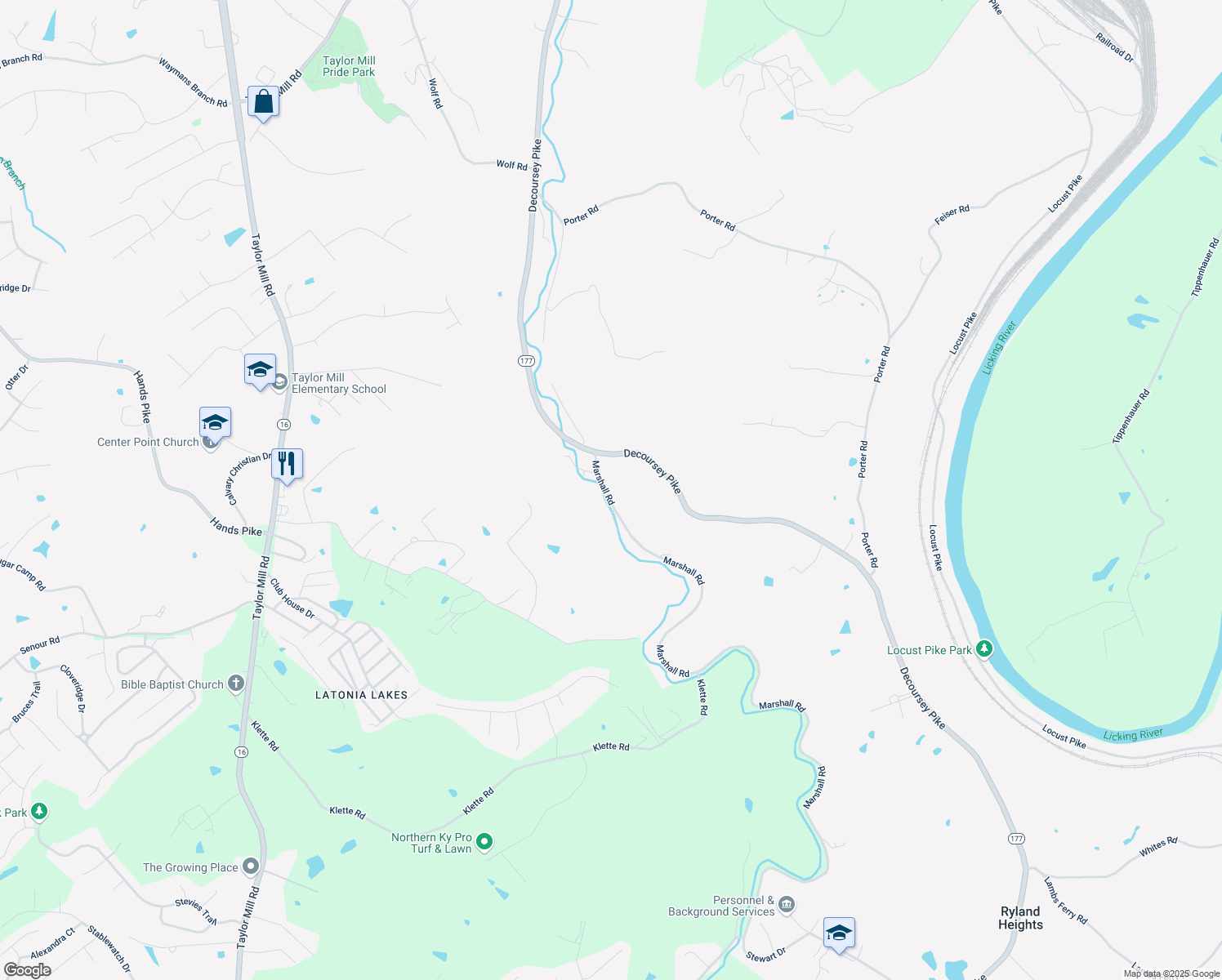 map of restaurants, bars, coffee shops, grocery stores, and more near 9242 Marshall Road in Covington