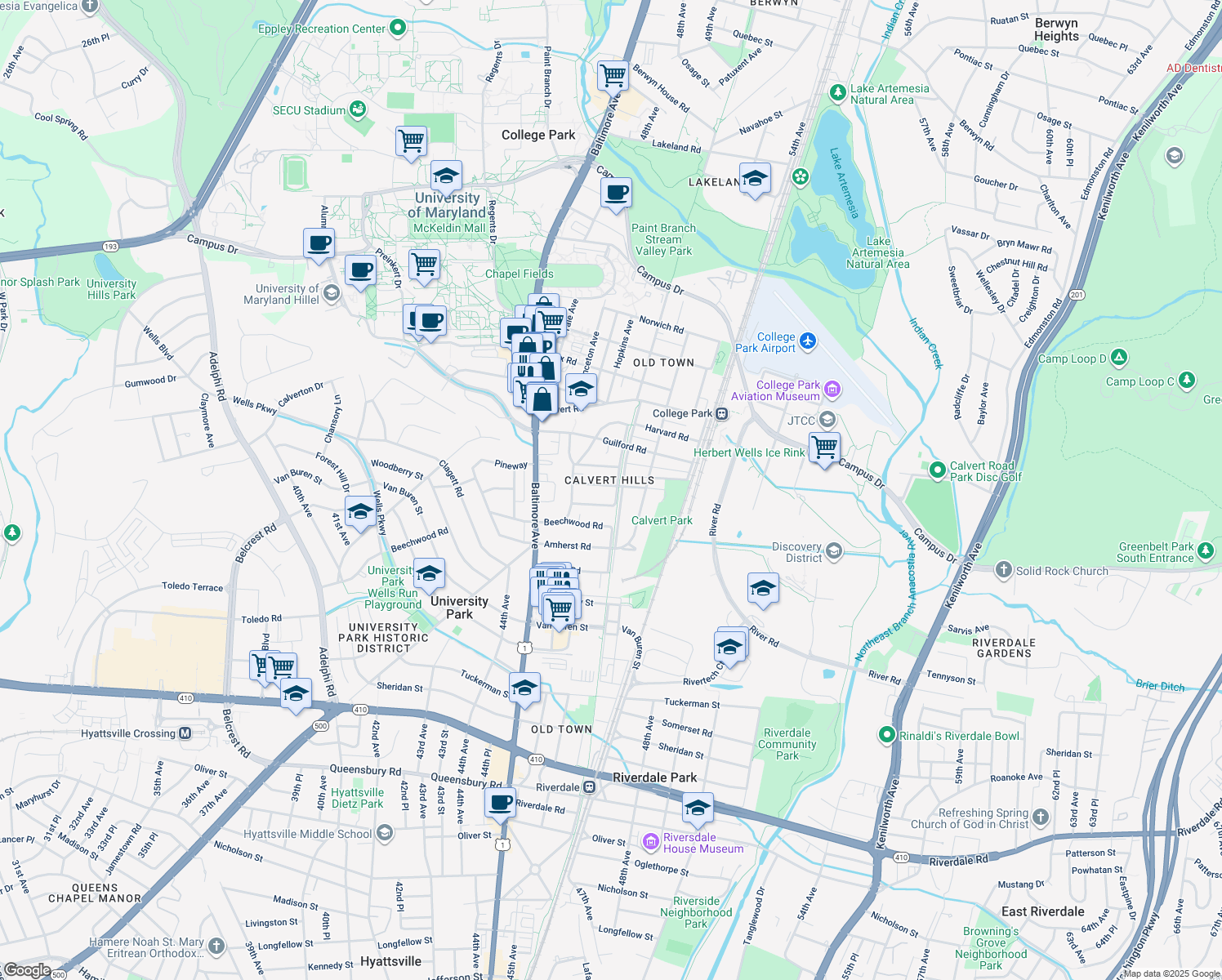 map of restaurants, bars, coffee shops, grocery stores, and more near 4615 Drexel Road in College Park