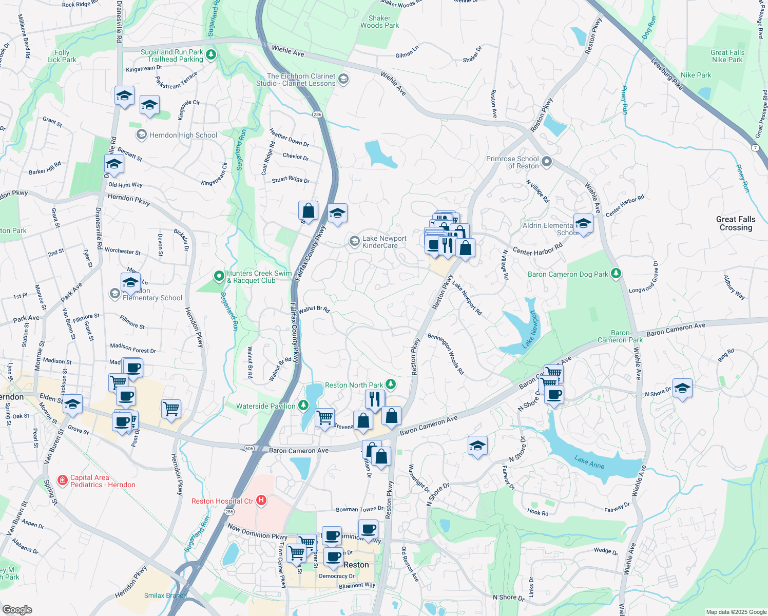 map of restaurants, bars, coffee shops, grocery stores, and more near 1626 Barnstead Dr in Reston