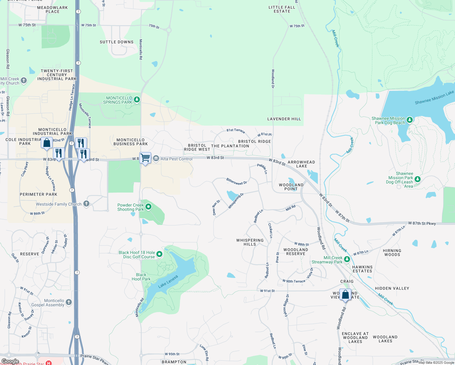 map of restaurants, bars, coffee shops, grocery stores, and more near 21204 Bittersweet Drive in Lenexa